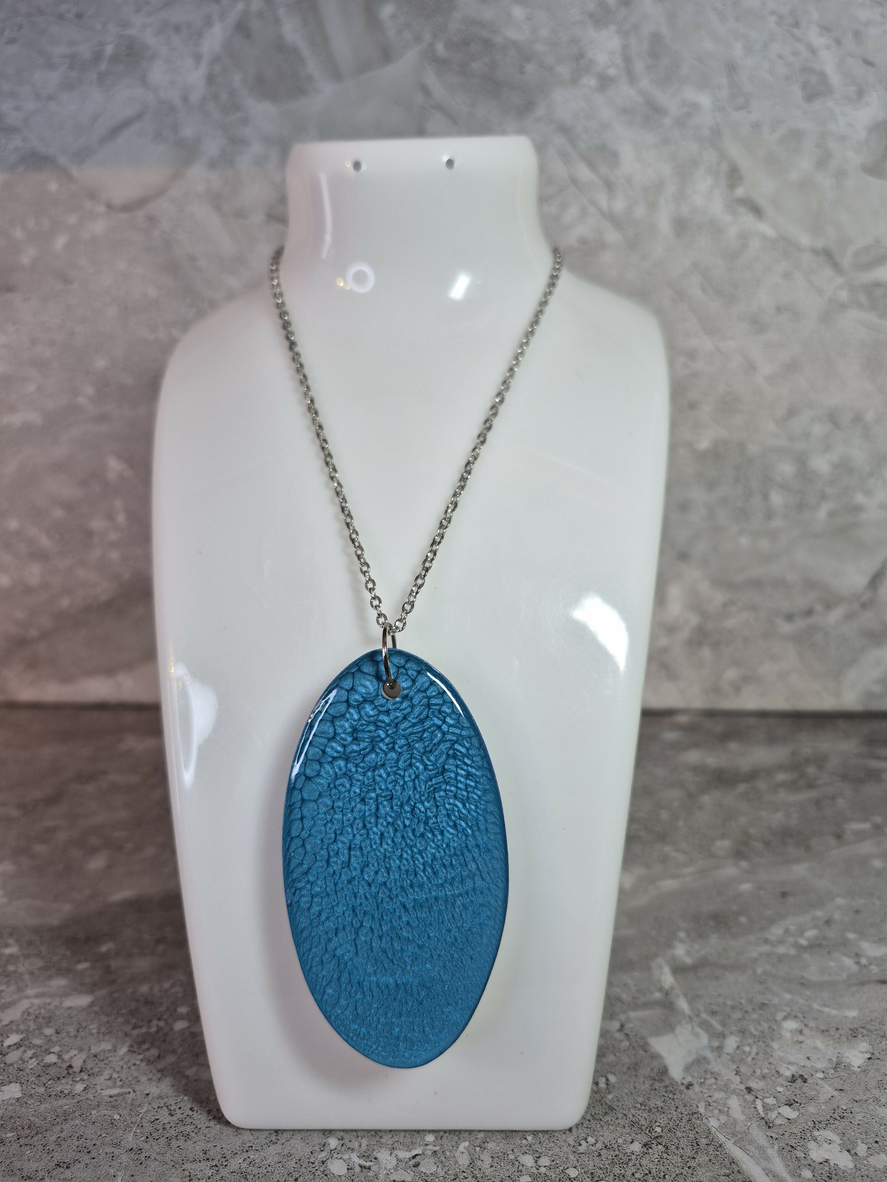 Unique Hand Crafted Double Sided Blue, Cyan, Ivory and Sand Large Oval Pendant - Wood and Resin