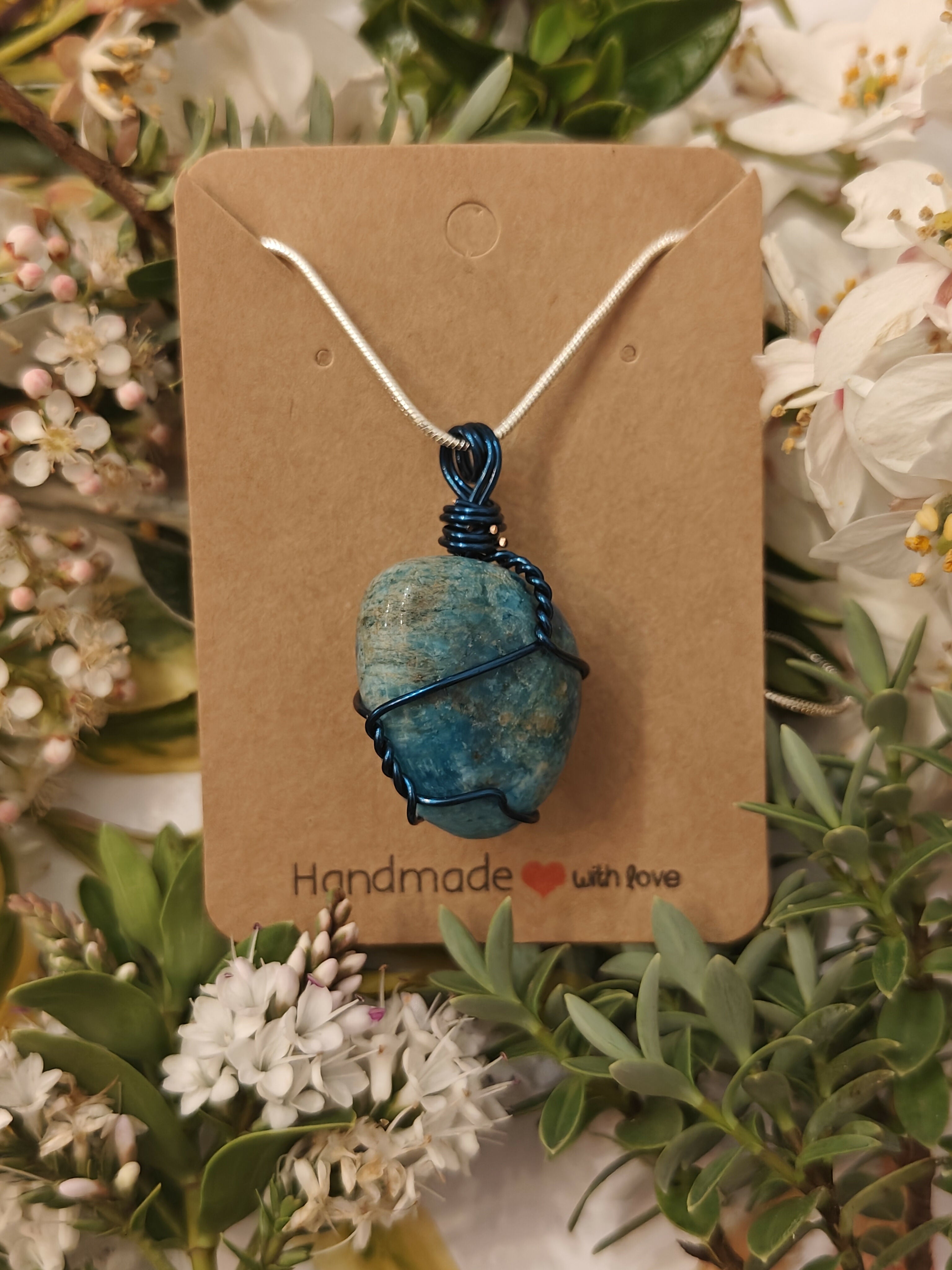 Blue Apatite Wire Wrapped Crystal Necklace on Sterling Silver Chain