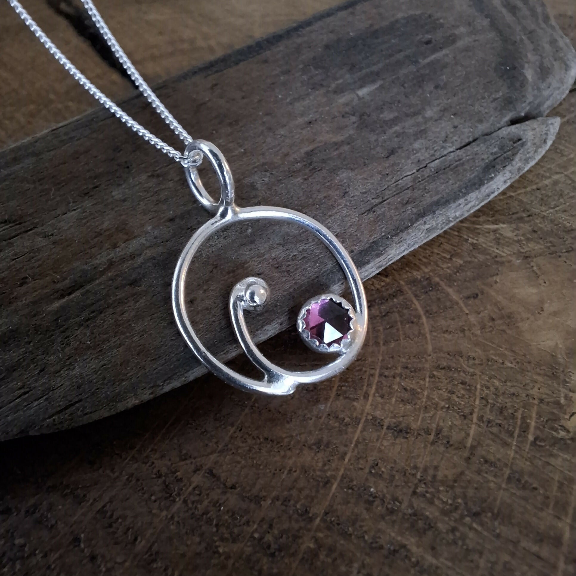 Handmade Silver Swirl Necklace With Garnet