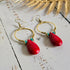 Red Howlite Gold Hoop Earrings; Hammered Brass Wire Red Crystal Turquoise Statement Earrings