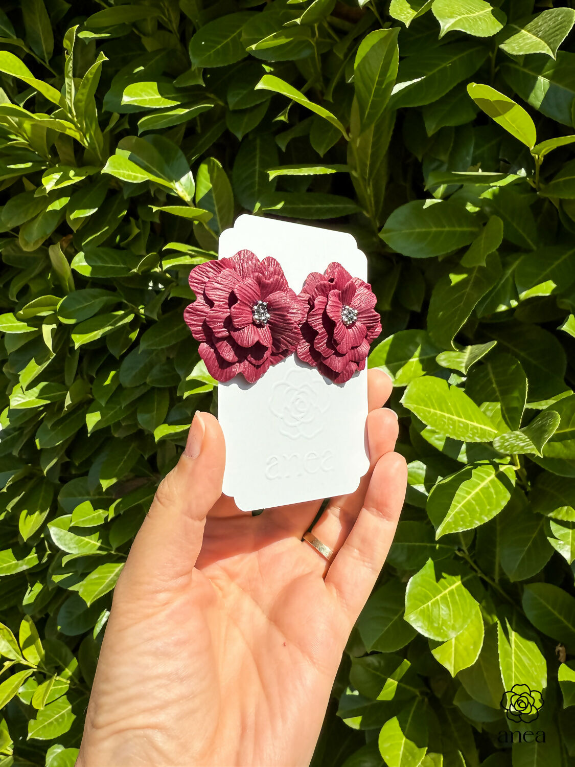 Large Floral Statement Earrings with Silver Bead Centre in Bordeaux