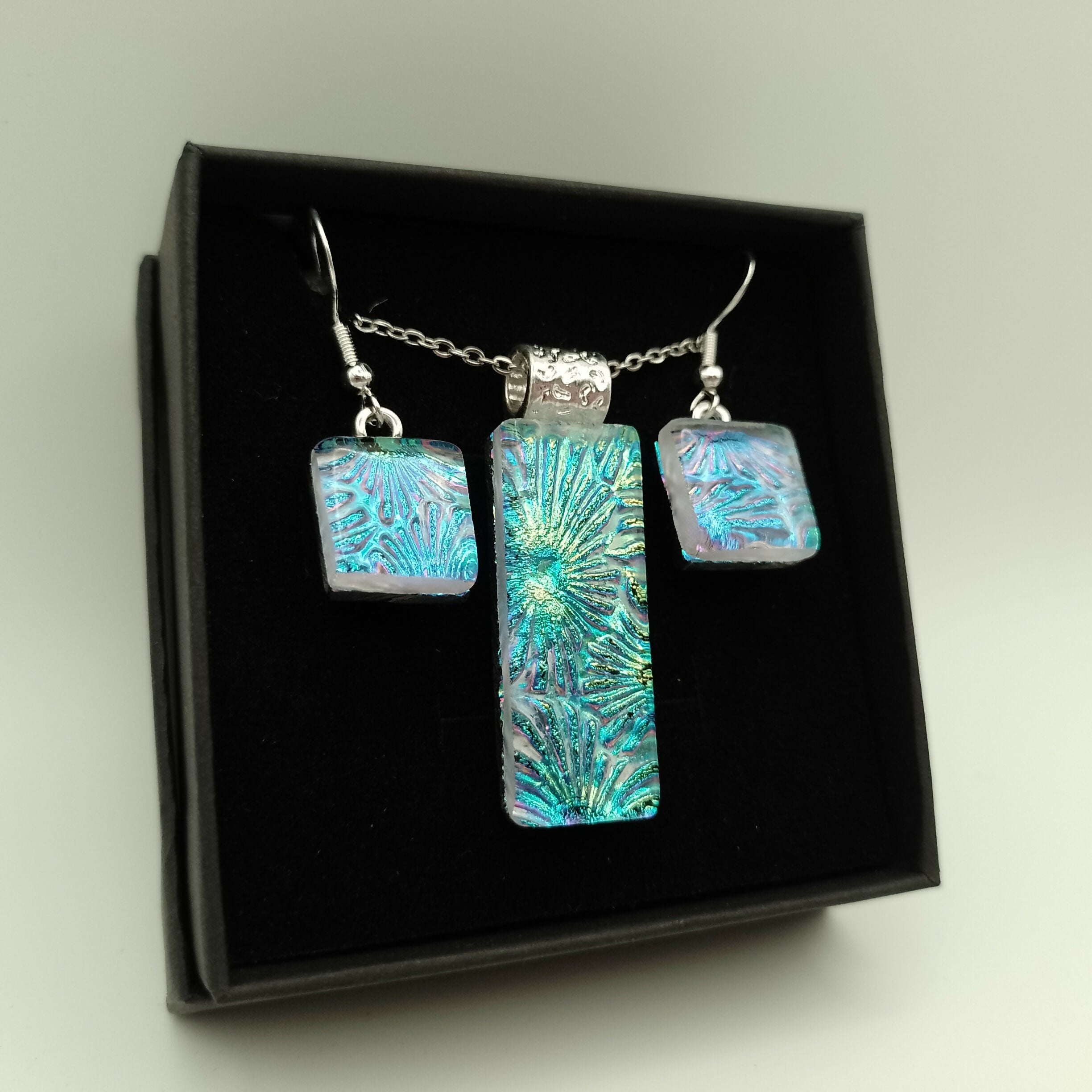 Green and Blue Dichroic Glass Pendant and Earring Set