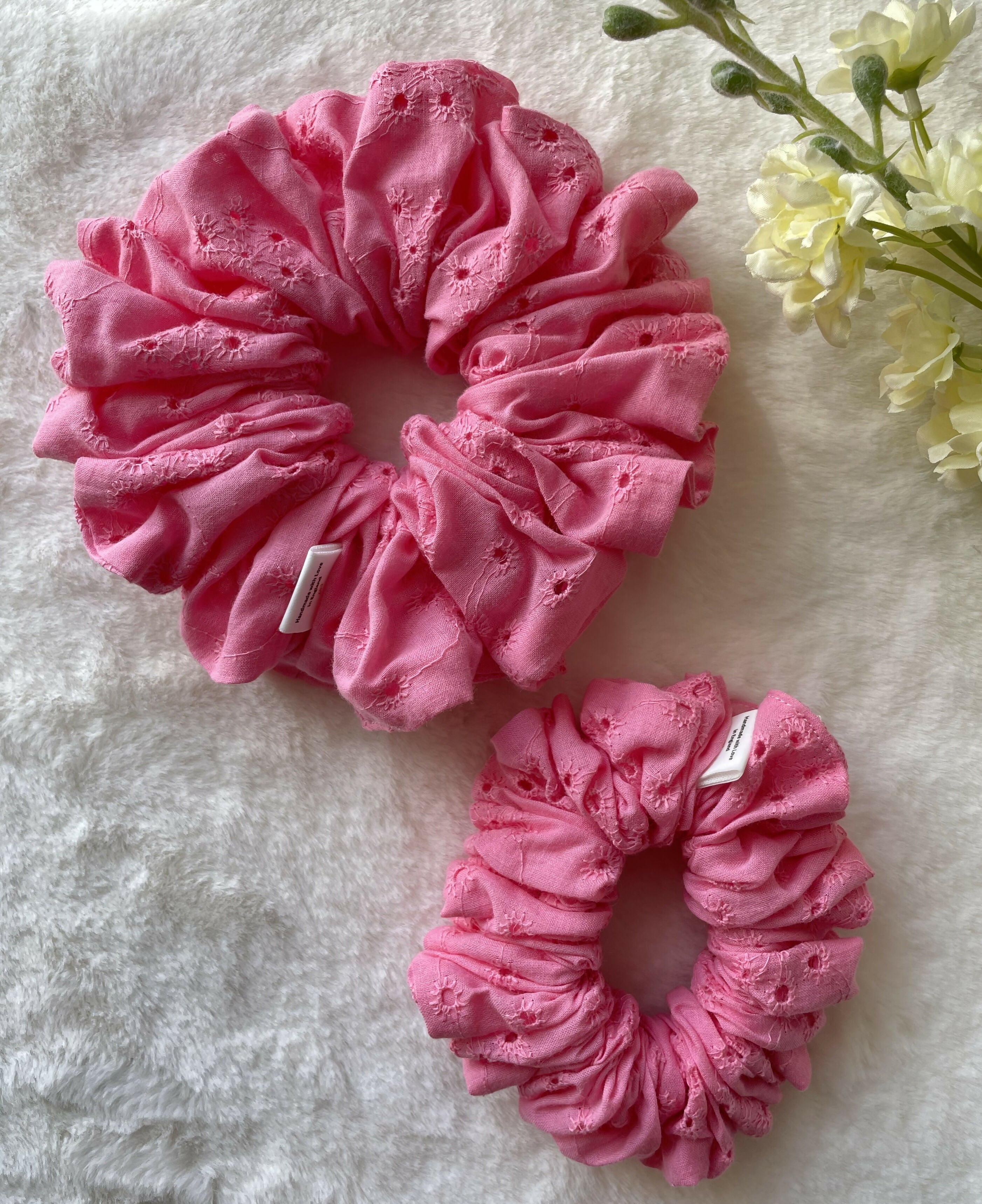 Pink Embroidered Cotton Scrunchies