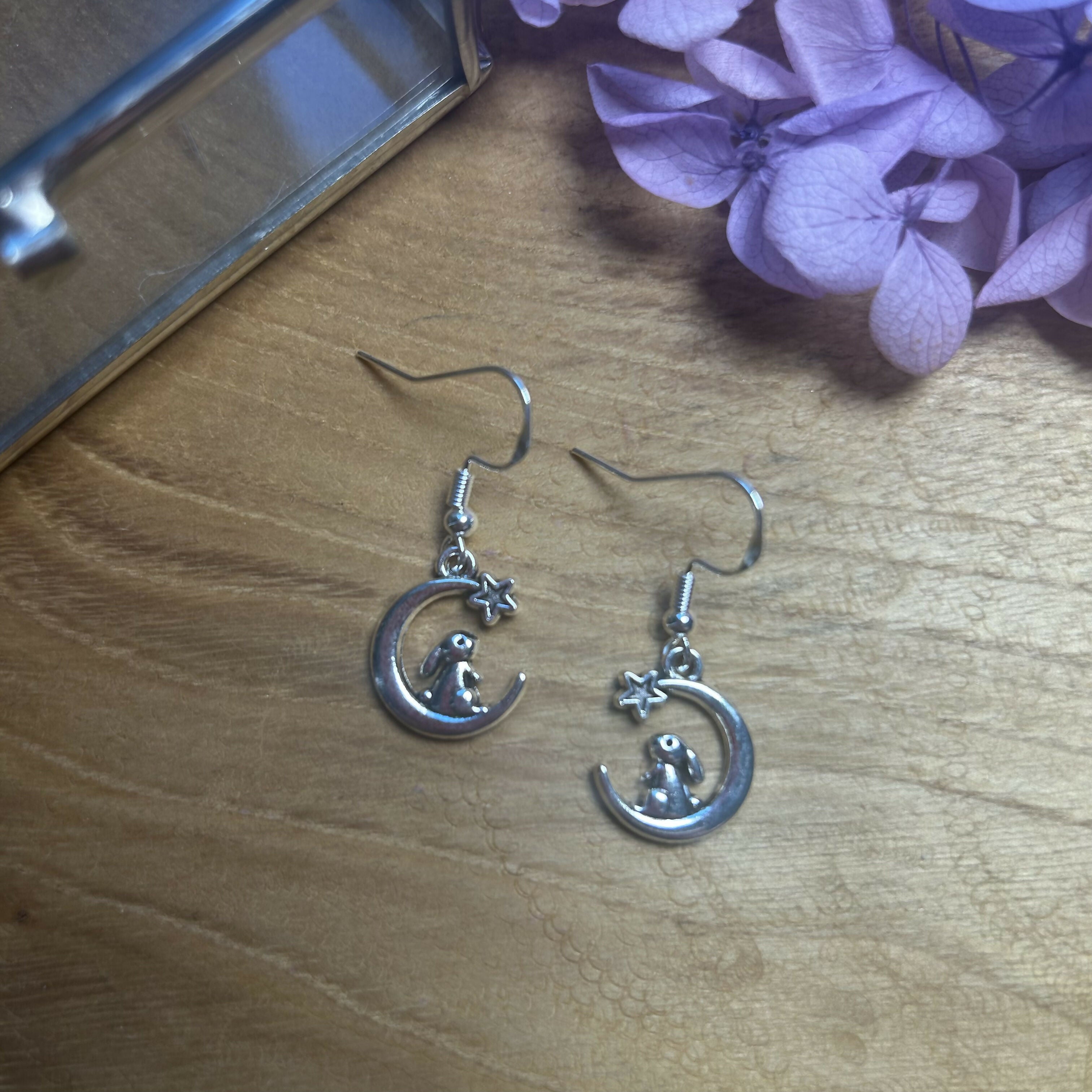 Lovely Hare & Moon Charm Earrings