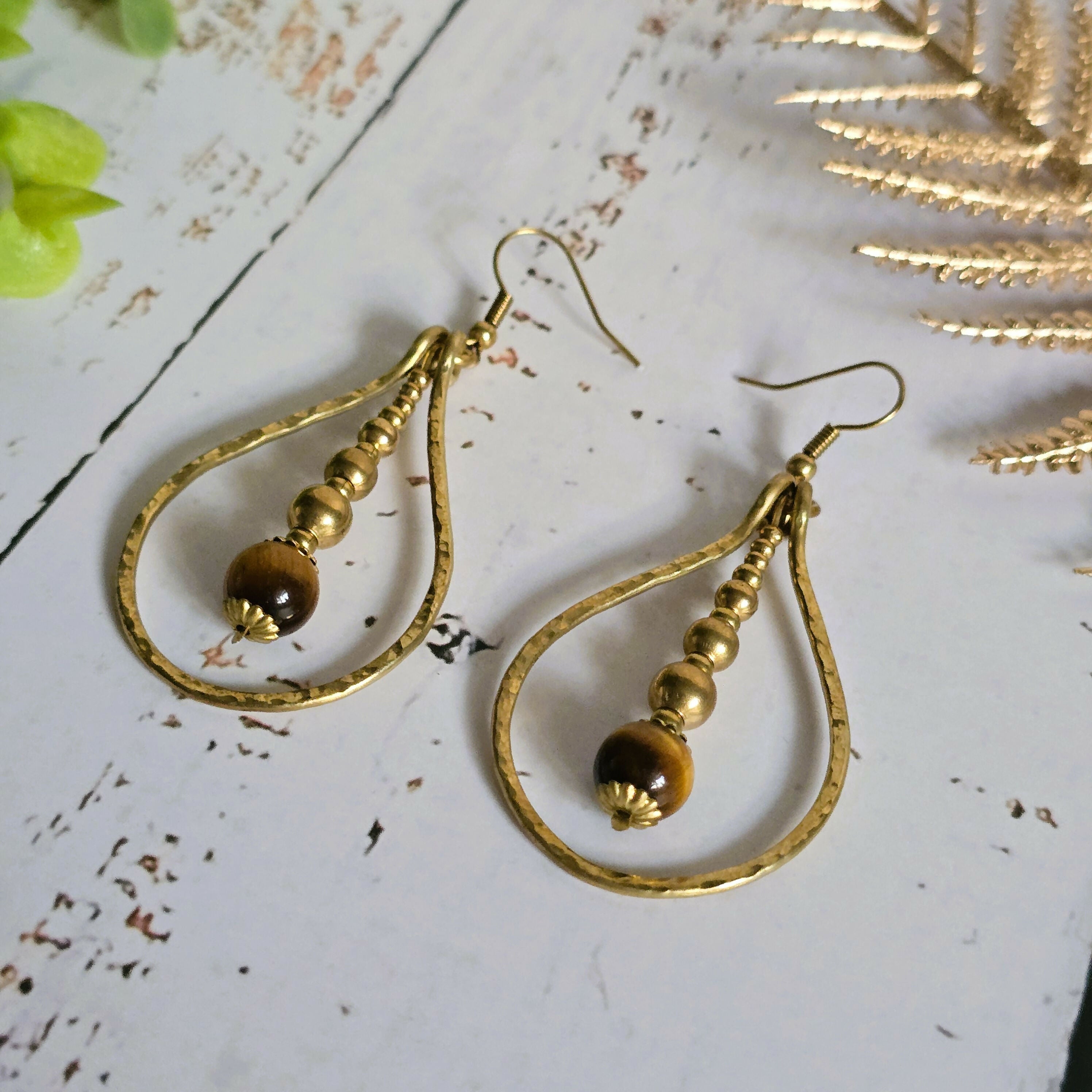 Tiger's Eye Raindrop Earrings; Gold Brass Wire Teardrop Crystal Boho Earrings