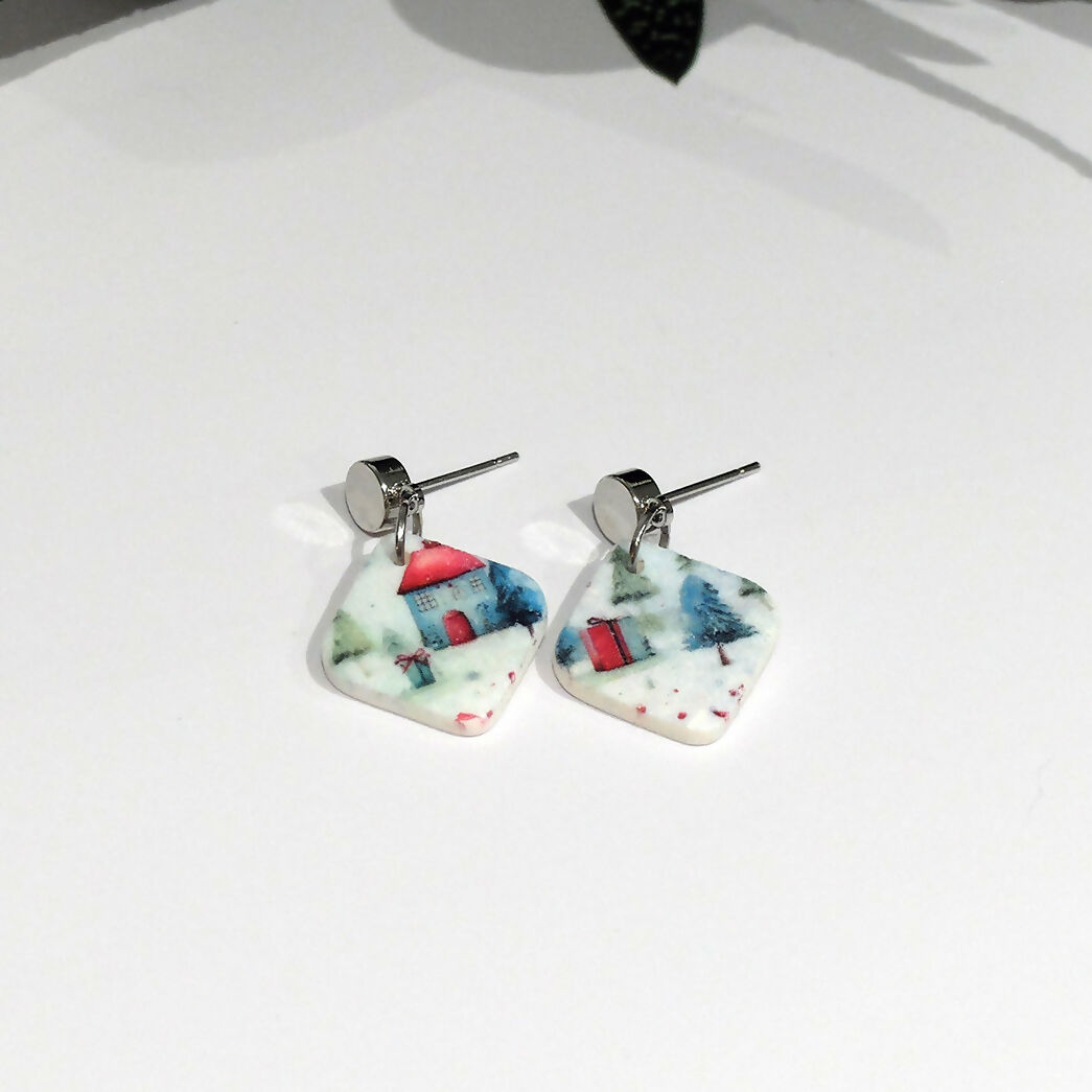 Christmas Village Dangle Earrings - Handmade Polymer Clay - Polly Plant