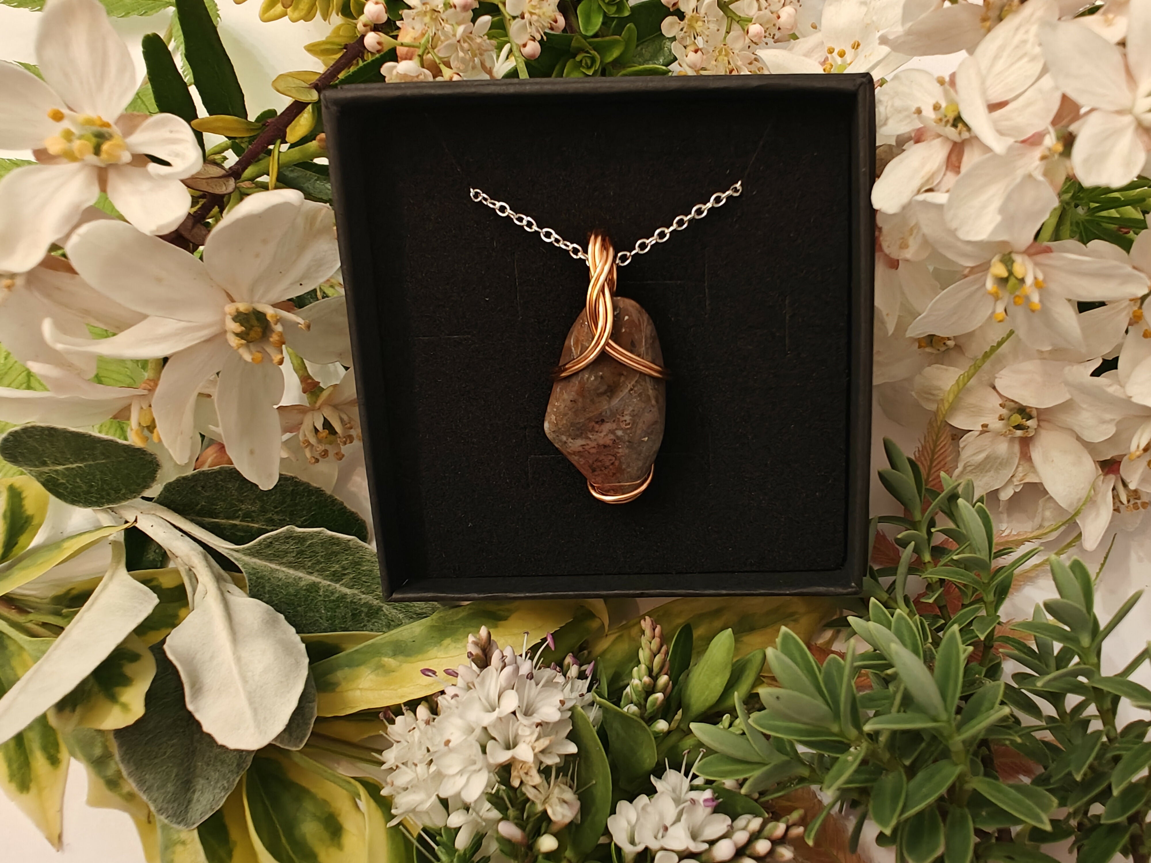 Jasper Wire Wrapped Crystal Pendant on Sterling Silver Chain