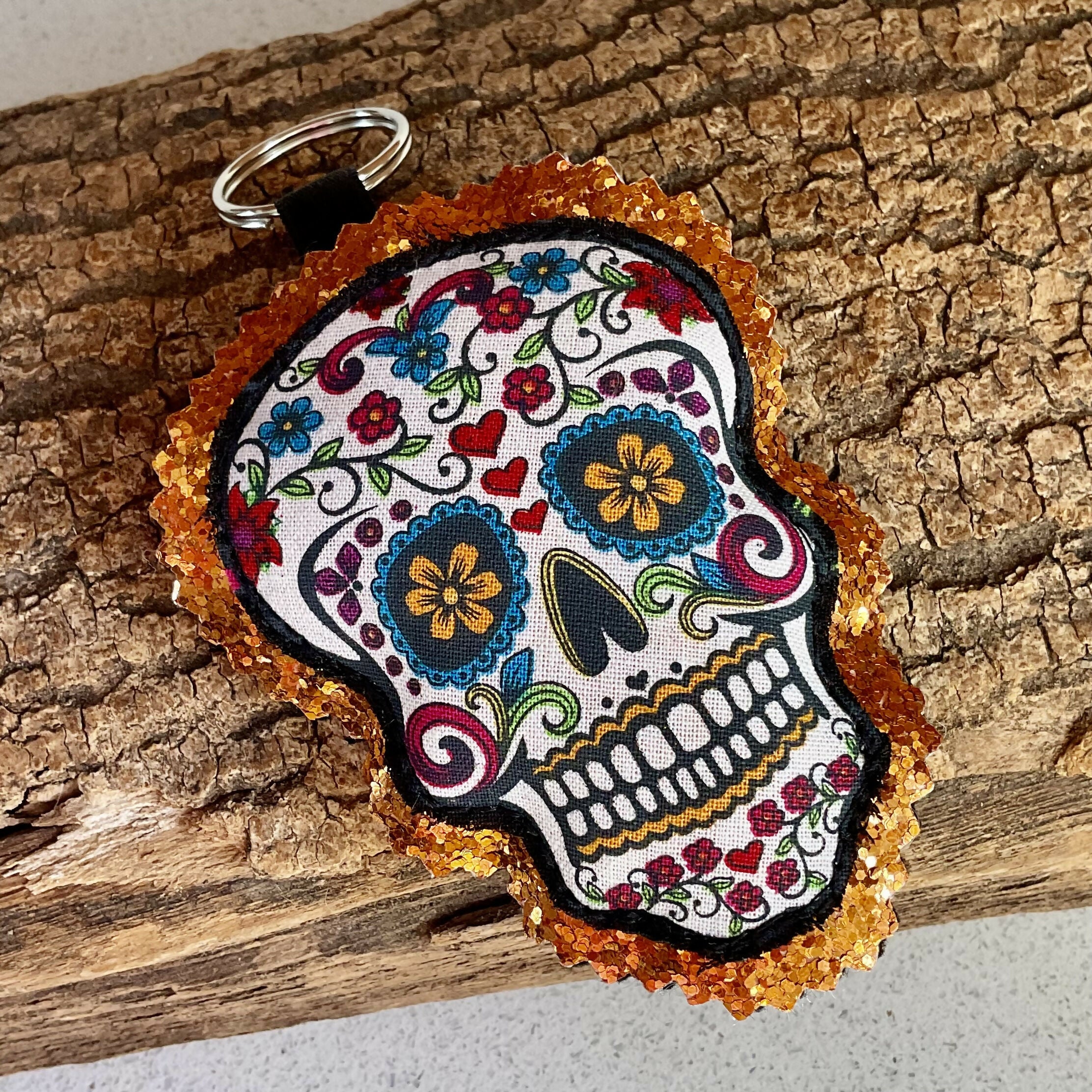 Bright Sugar Skull Keyring, Fabric Sugar Skull Key Ring With Glitter Background, Sparkly Bag Charm, Halloween Gift