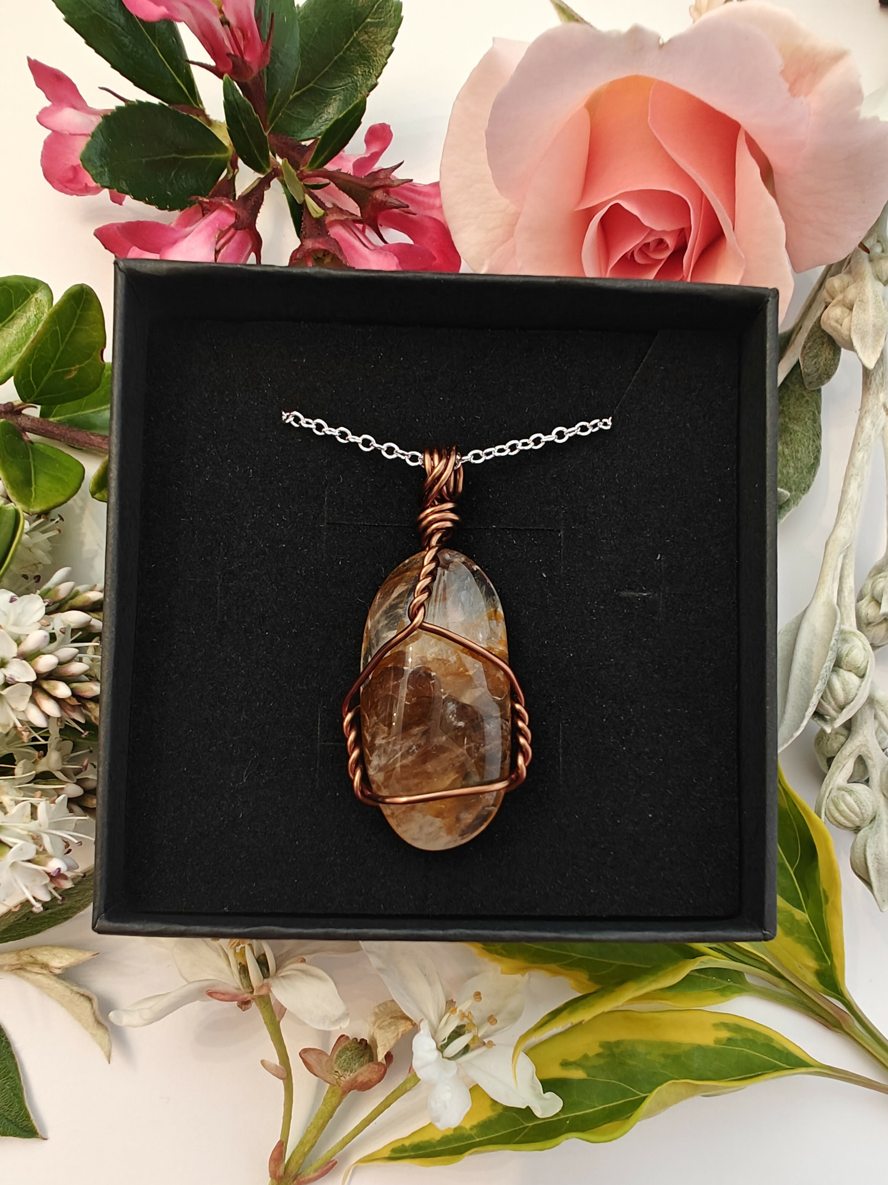 Yellow Fire Quartz Wire Wrapped Crystal Necklace on Sterling Silver Chain