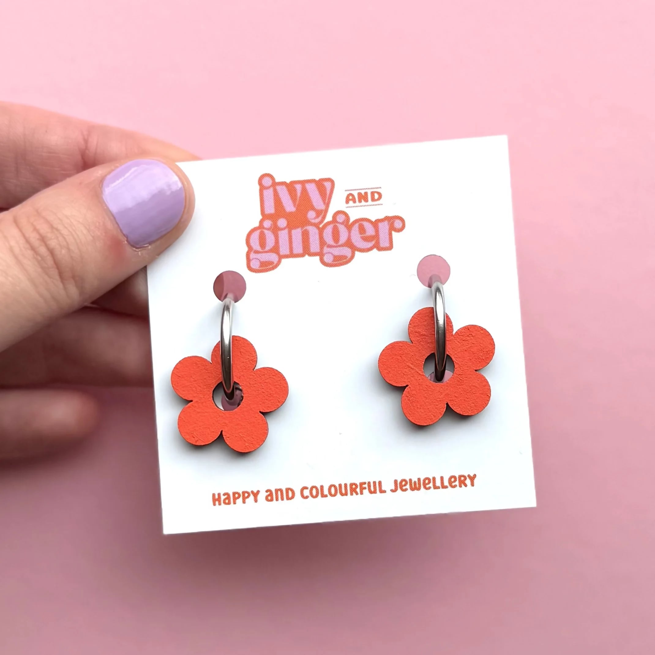 Hand Painted Orange Flower Hoop Earrings