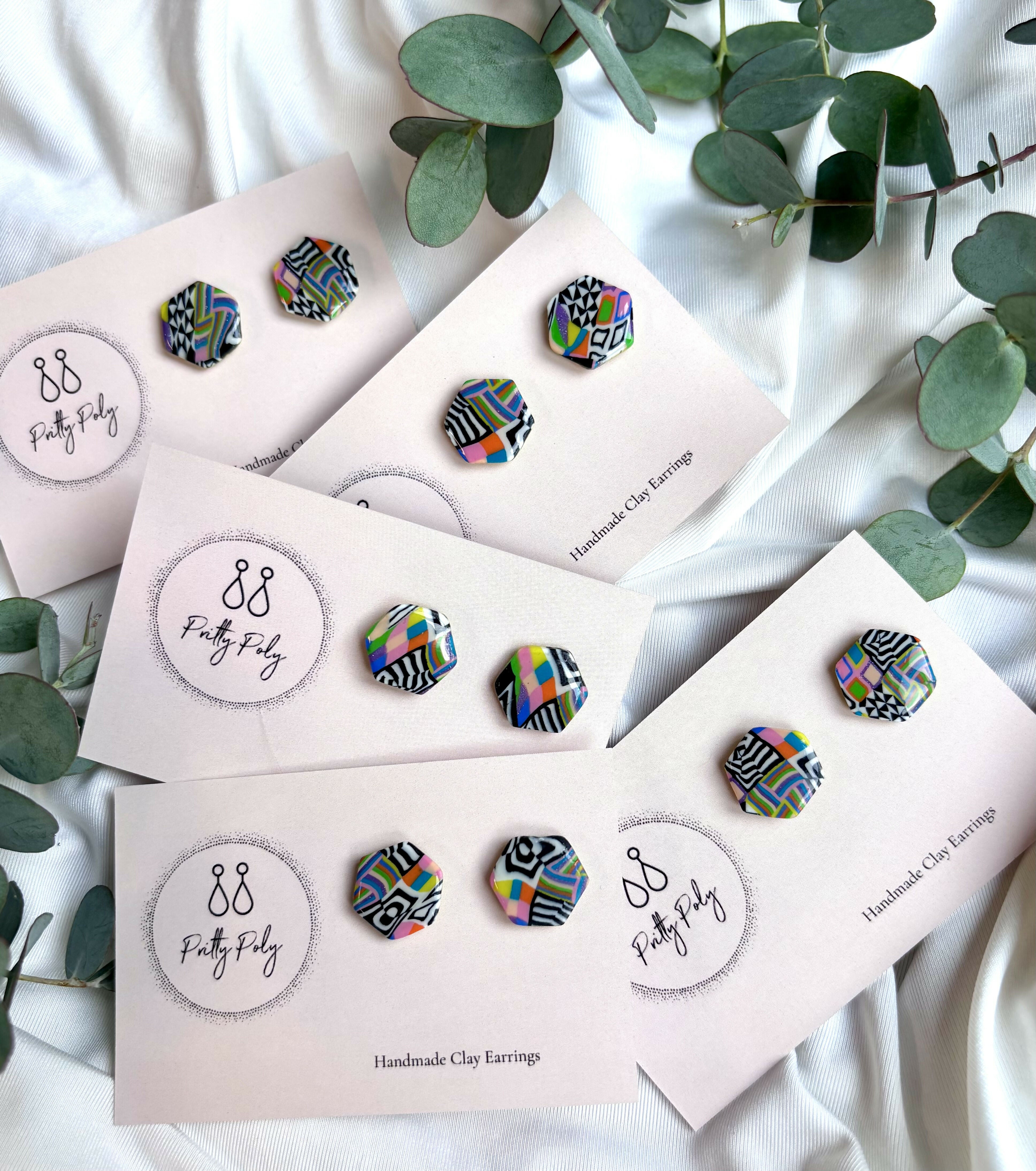 Colour, Black and Pattern Hexagon Polymer Clay Studs