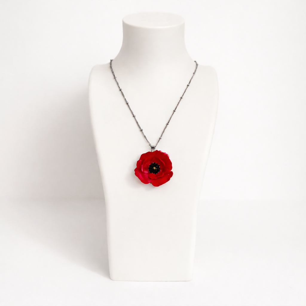 Red Poppy Pendant Necklace with Silver Chain