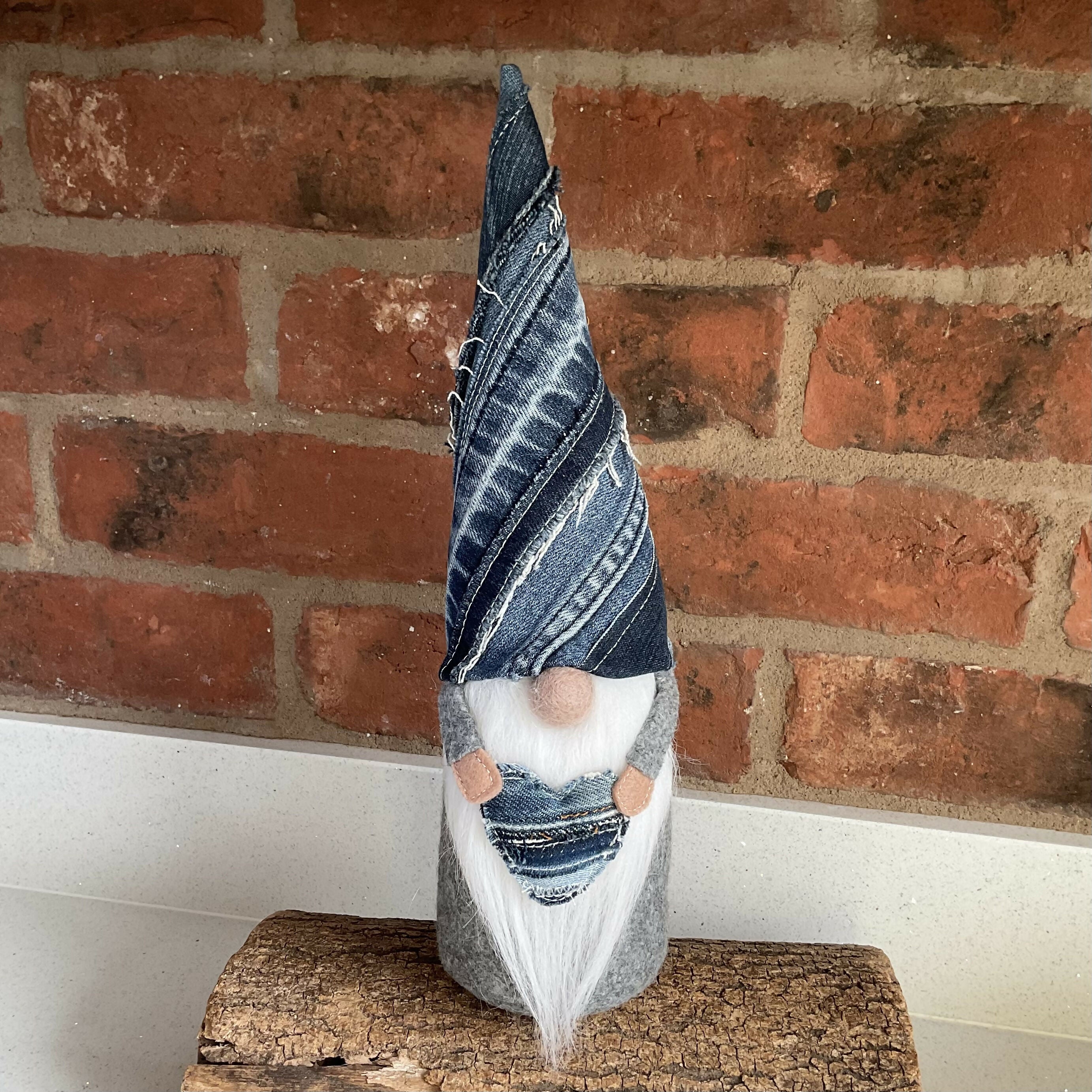 Upcycled Denim Gnome Decoration, Handmade Recycled Jeans Gonk Ornament With Heart