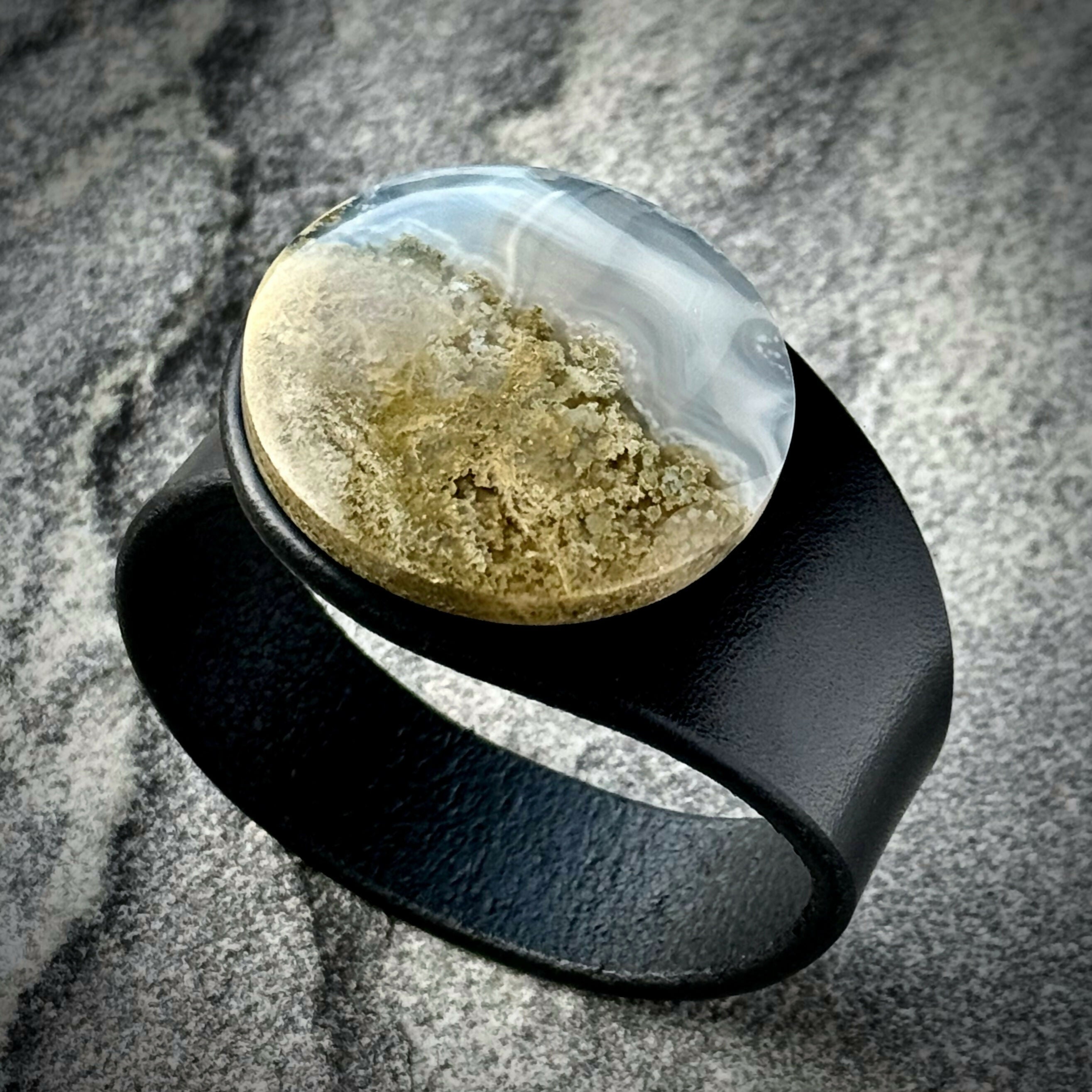 Handcrafted Natural Leather & Moss Agate Gemstone Bracelet - Size S or M