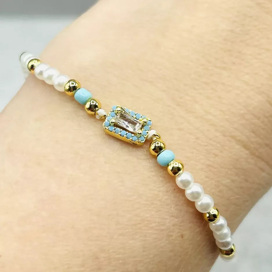 Hand-Strung Pearl Bead Adjustable Bracelet - Zirconia Mediterranean Charms