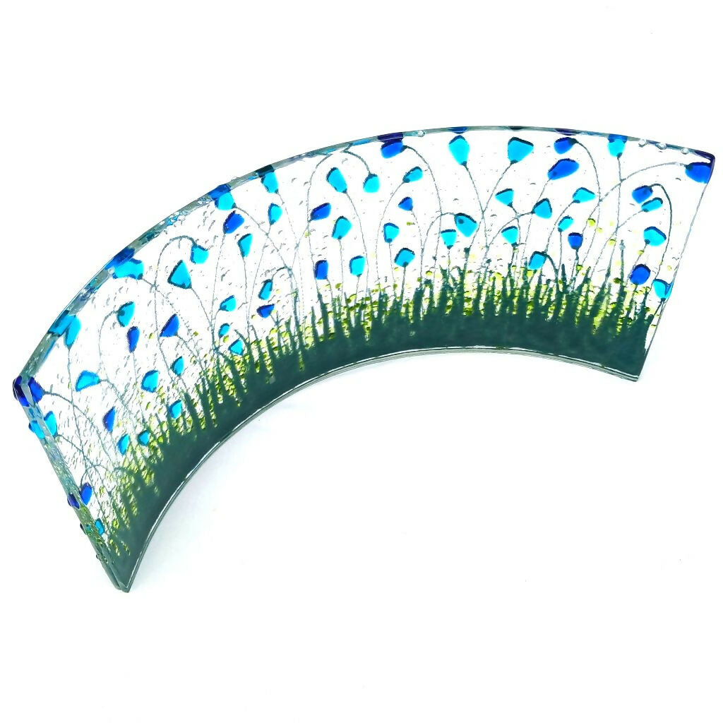 Large Freestanding Fused Glass Curve With Blue & Emerald Green Flowers