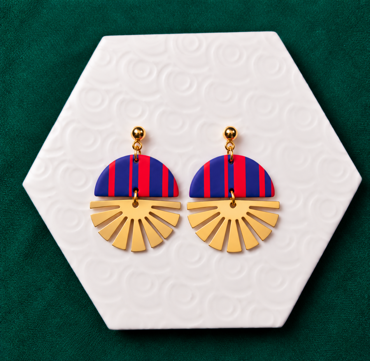 Indie Blue & Red Striped Polymer Clay Sunburst Statement Earrings