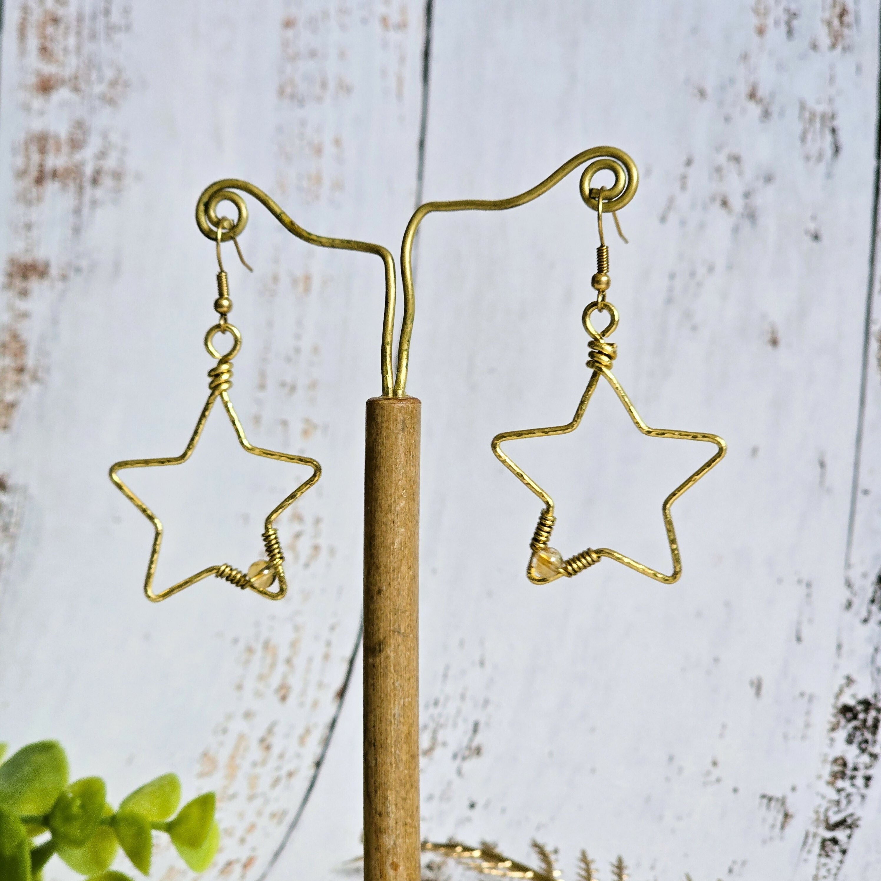 Citrine Star Gemstone Earrings; Delicate Gold Wire Bohemian Earrings With Crystal Sparkle