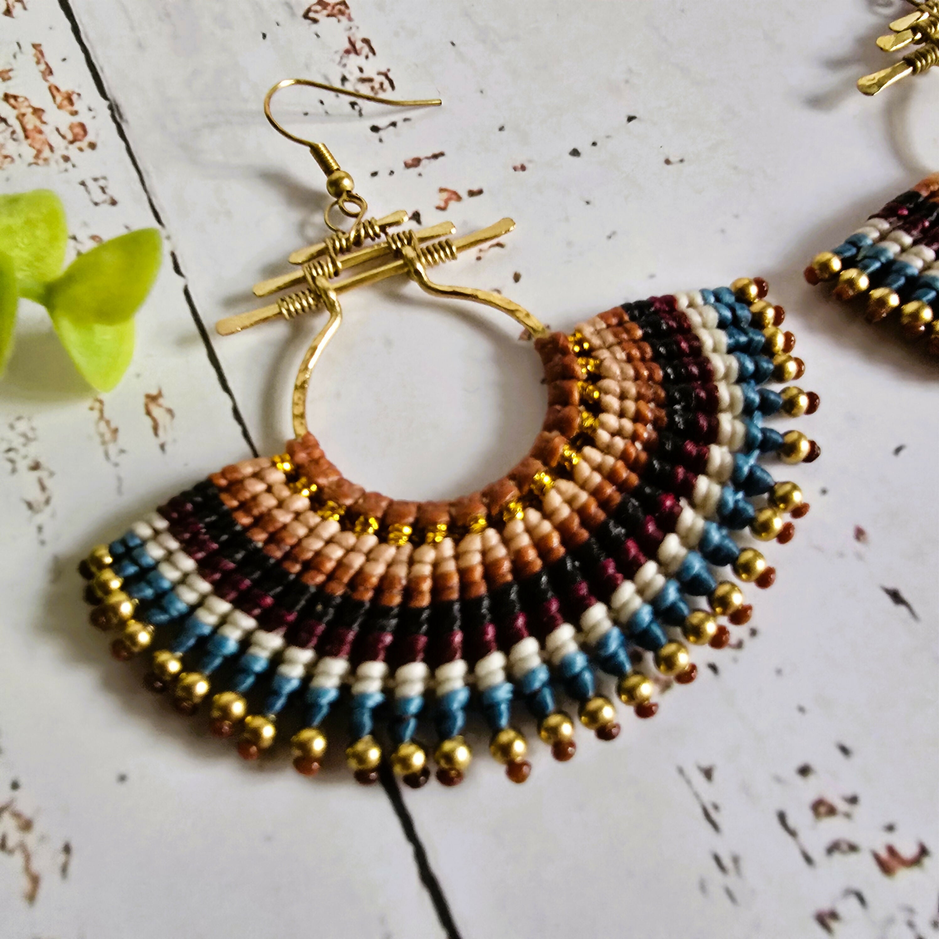 Asian Temple Earrings; Golden Brown Macrame Cord, Gold Hammered Brass Wire Spiral Statement Earrings