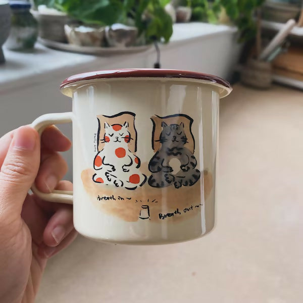 Enamel Cats Mug Couple Doing Meditation