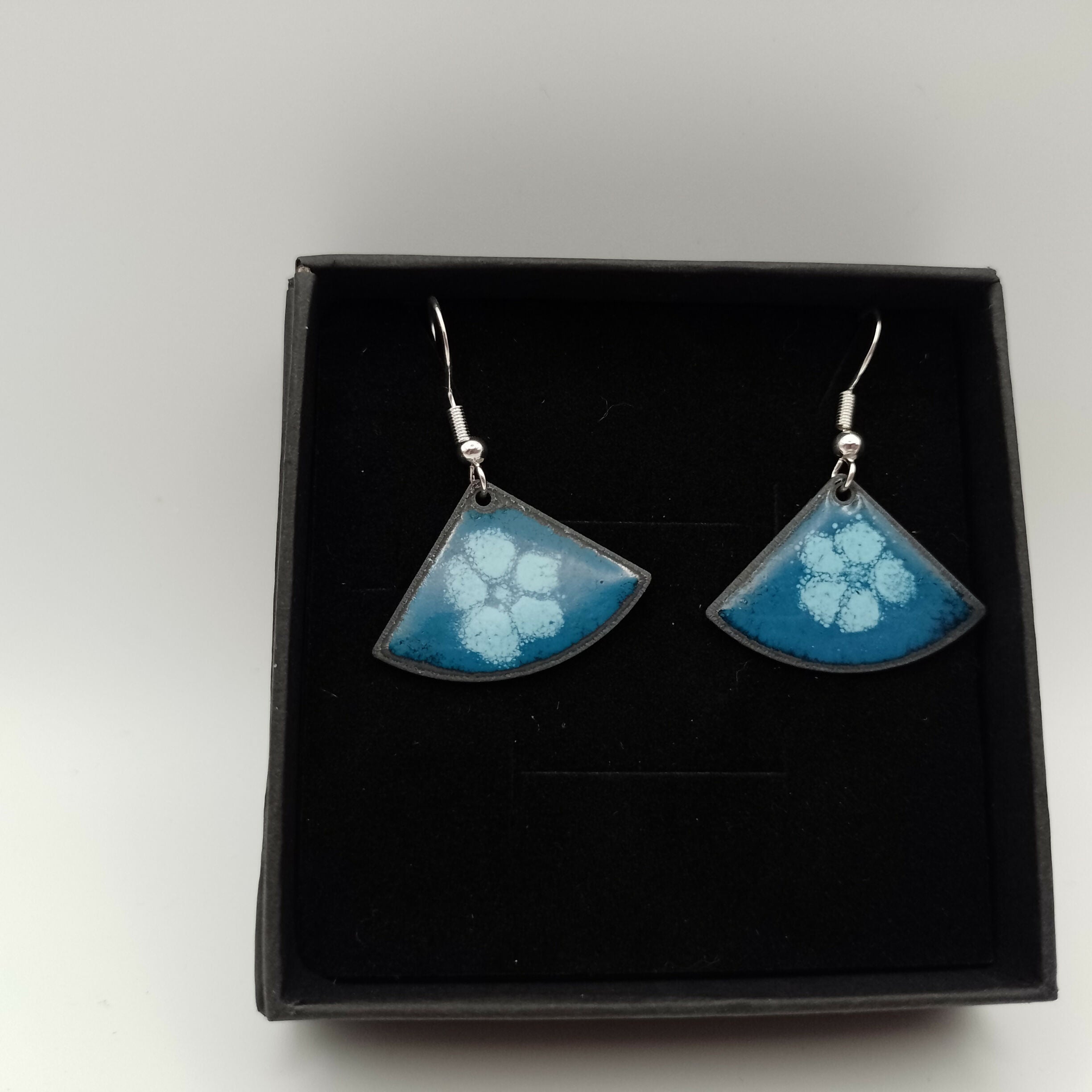 Blue Fan with a White Flower Enamel Earrings
