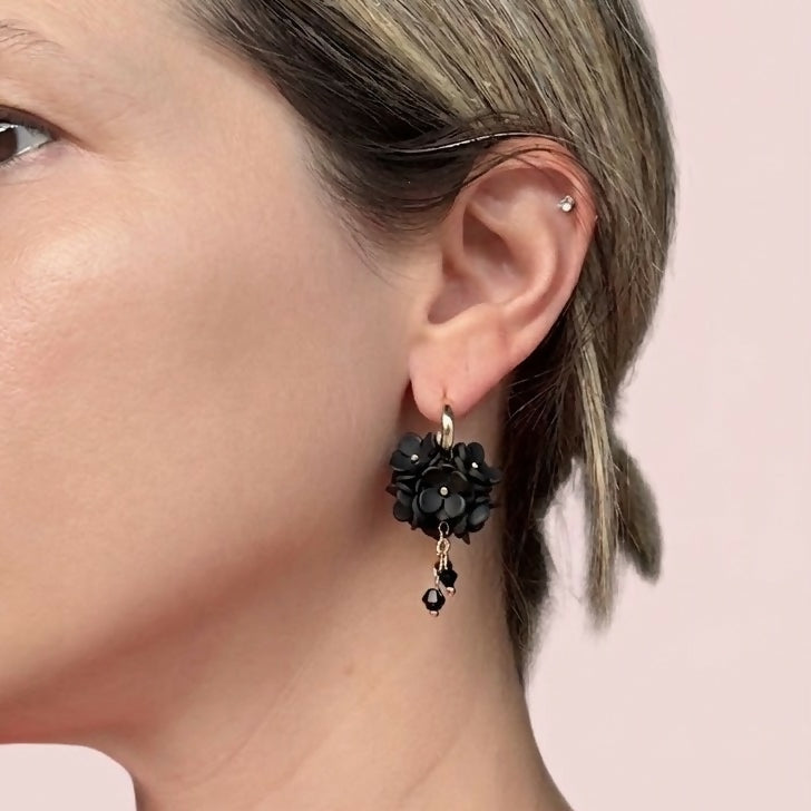 Rounded Flower Cluster Earrings with Black Crystal Drop