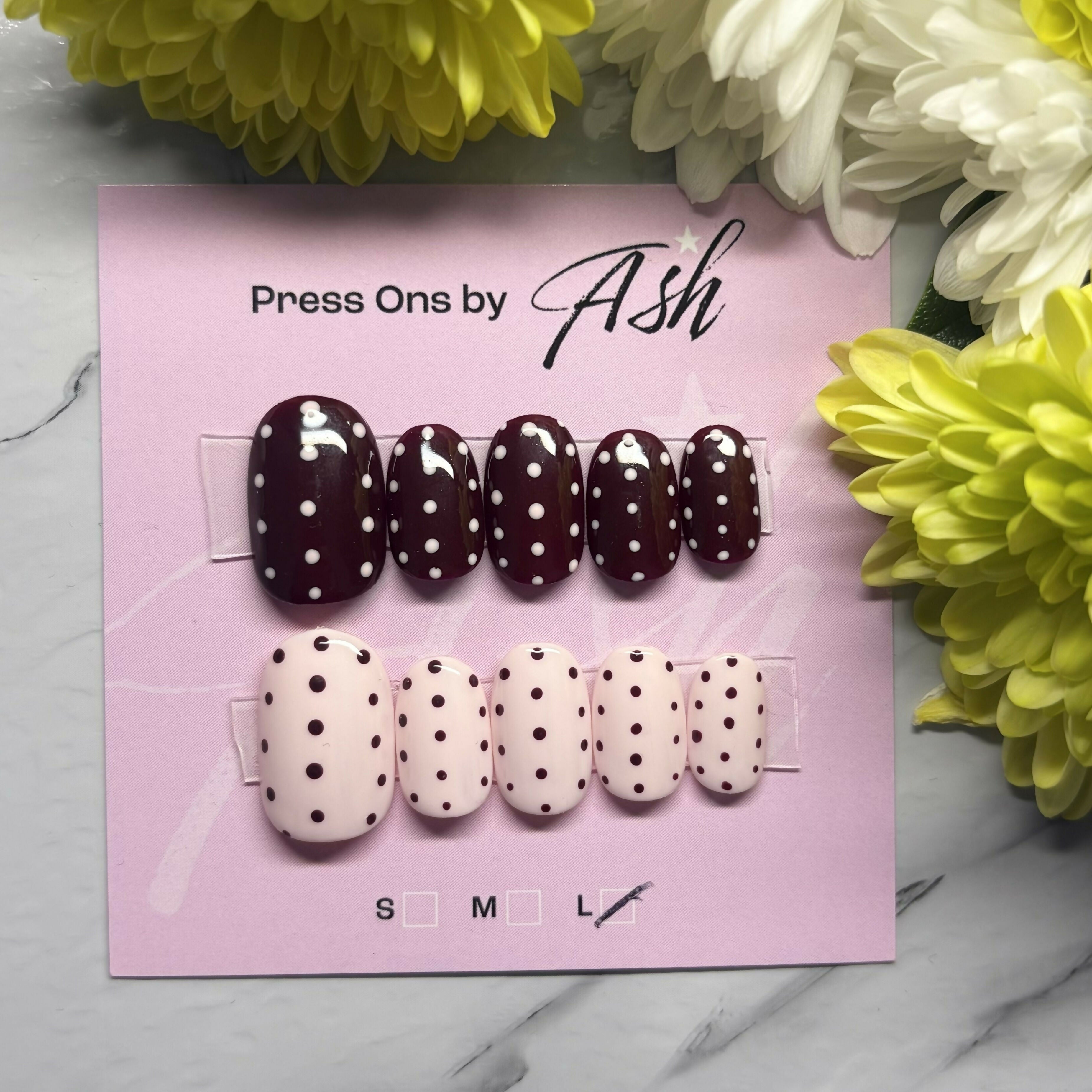Reusable Pink and Brown Dotty Handmade Press On Nails