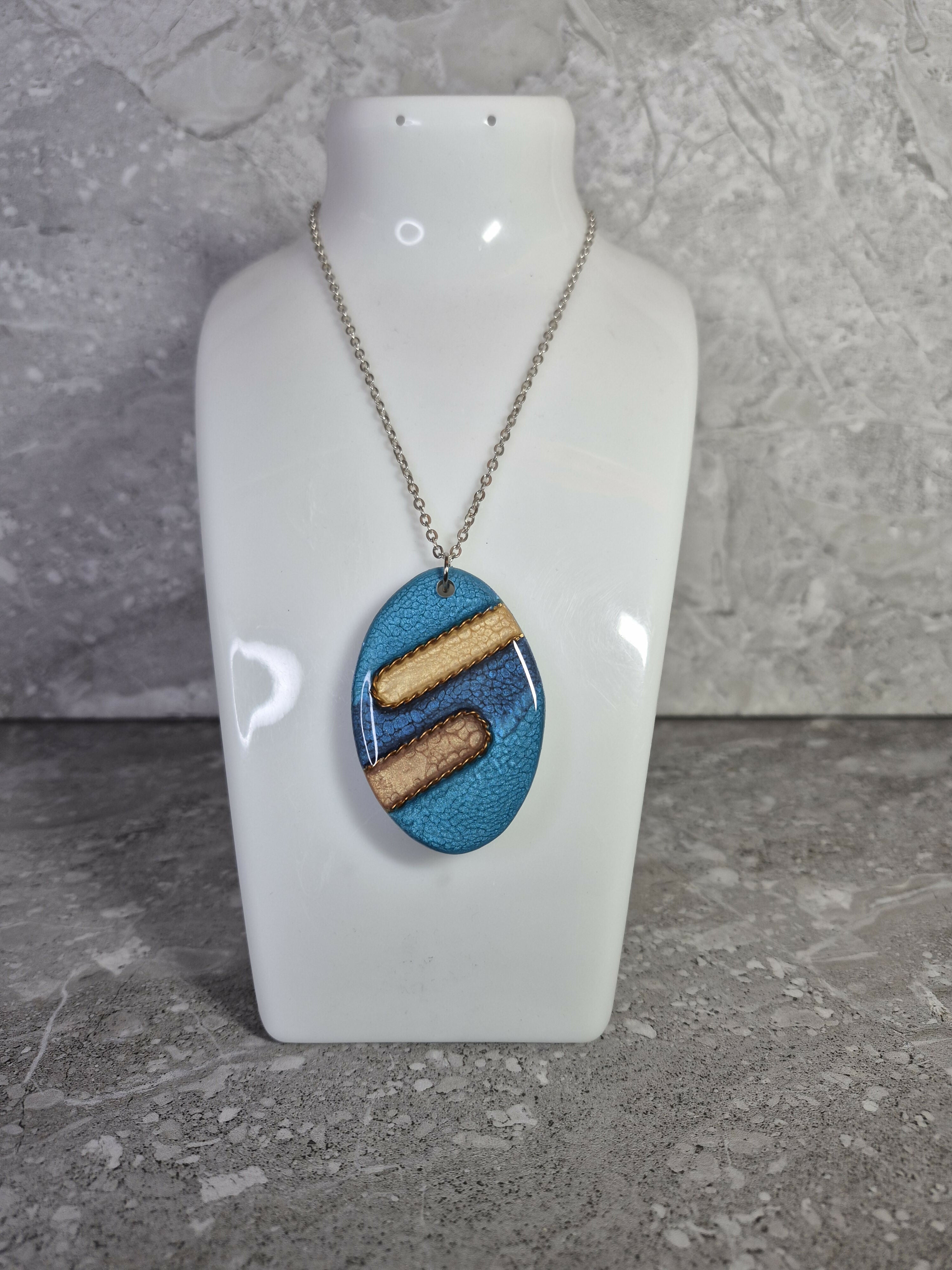 Unique Hand Crafted Double Sided Cyan and Blue Oval Pendant with Crackle Effect - Wood and Resin