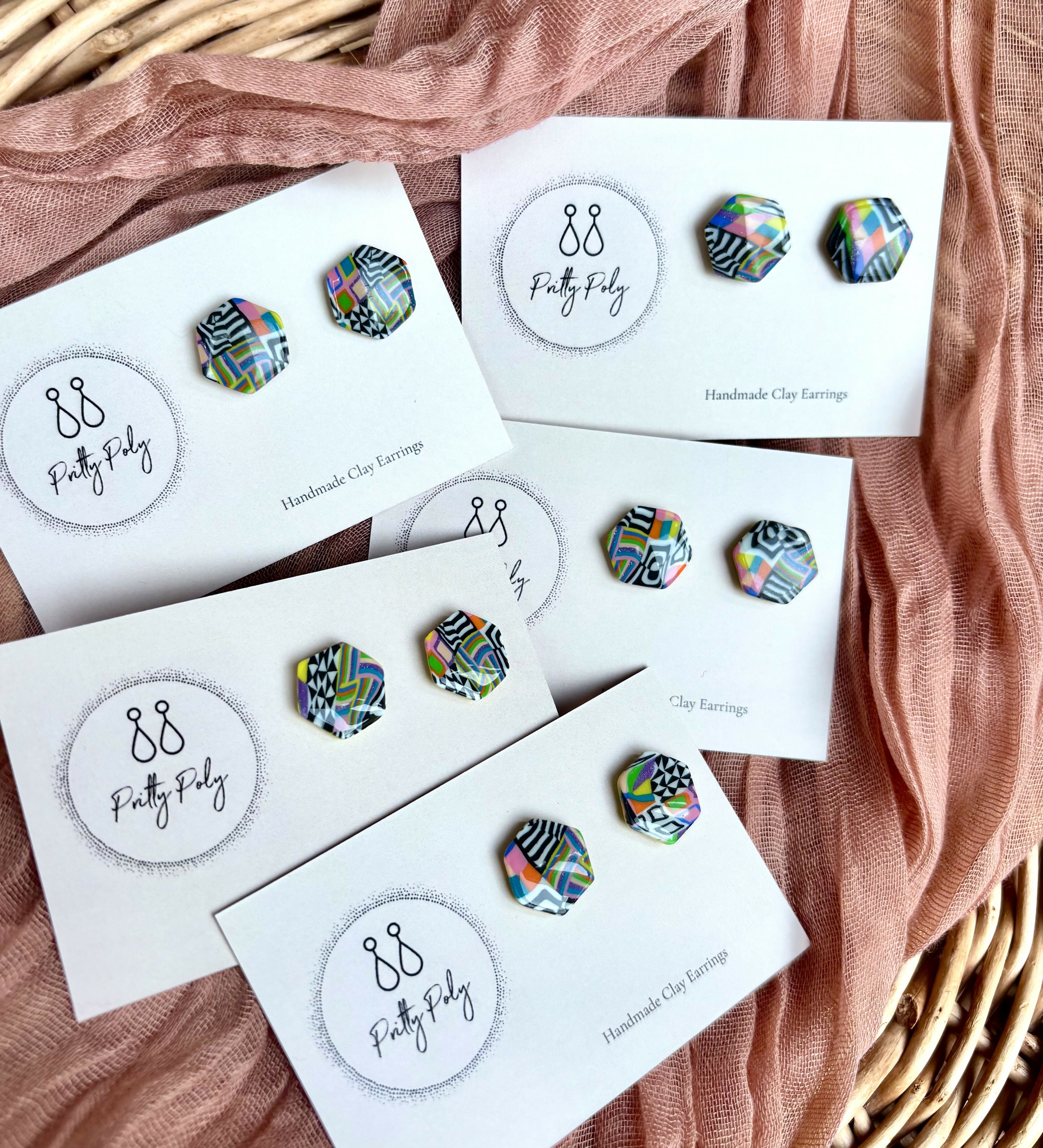 Colour, Black and Pattern Hexagon Polymer Clay Studs