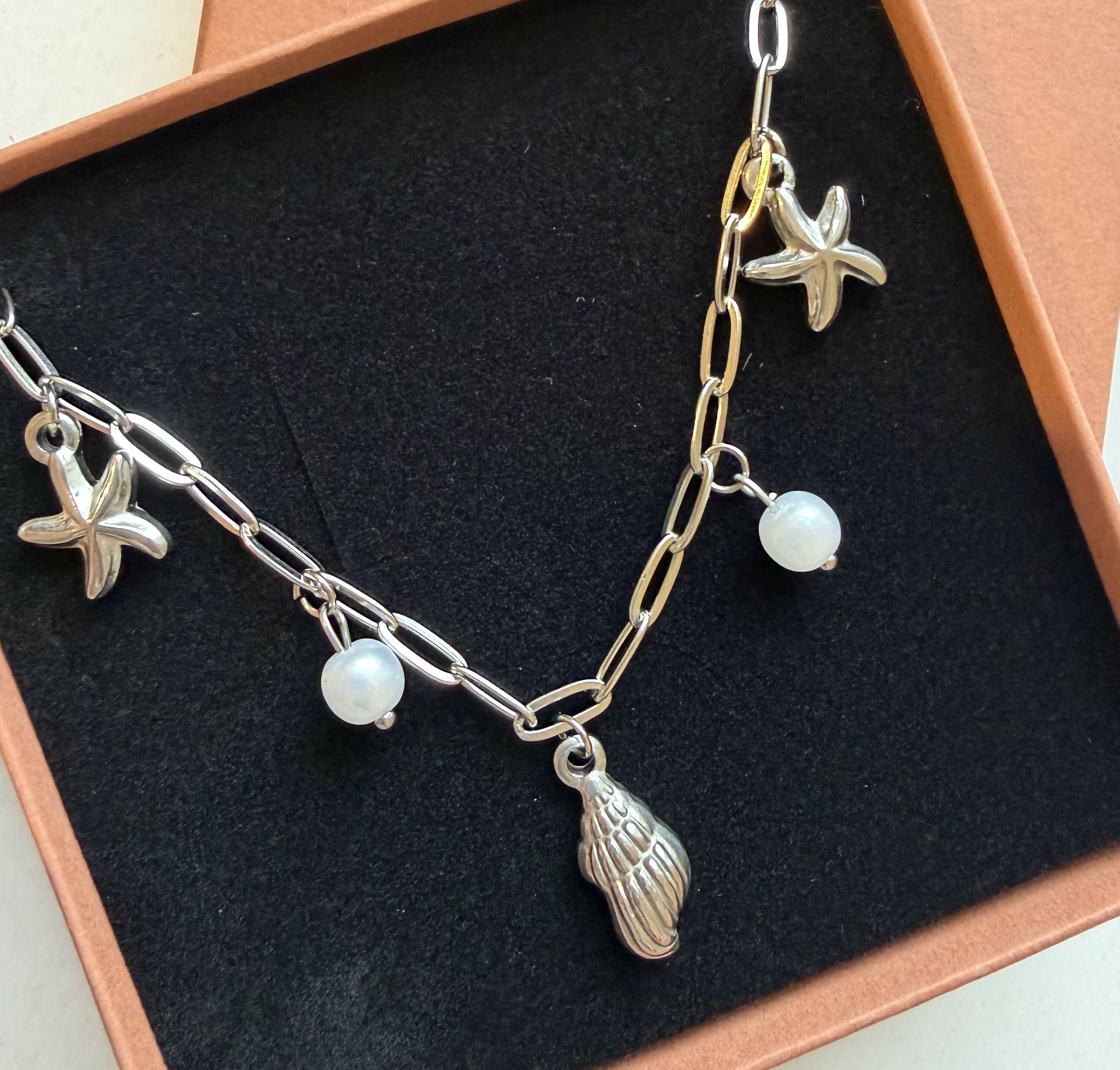 Seashell & Pearl Charm Necklace - Silver