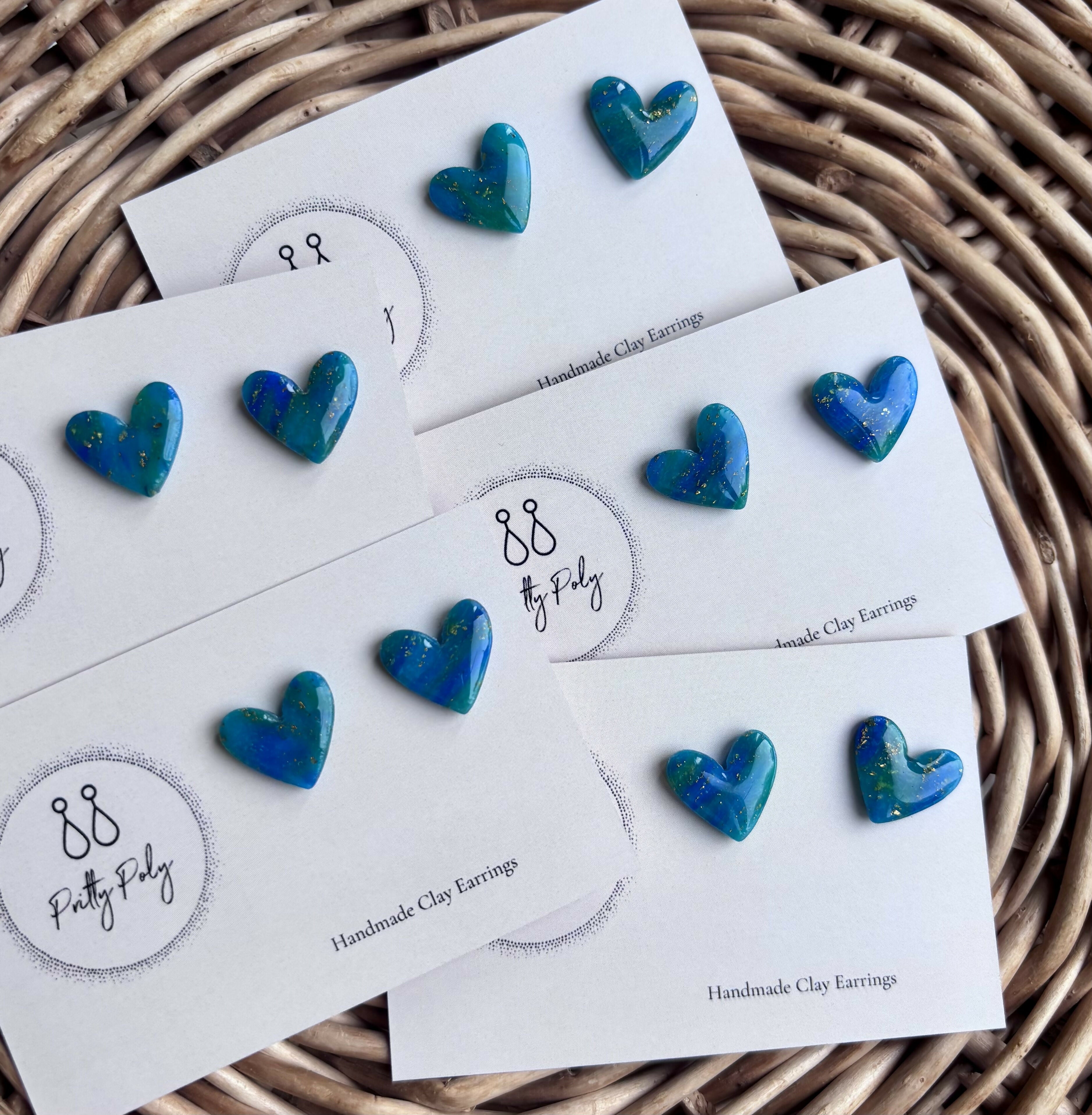 Blue and Gold Fleck Heart Polymer Clay Studs
