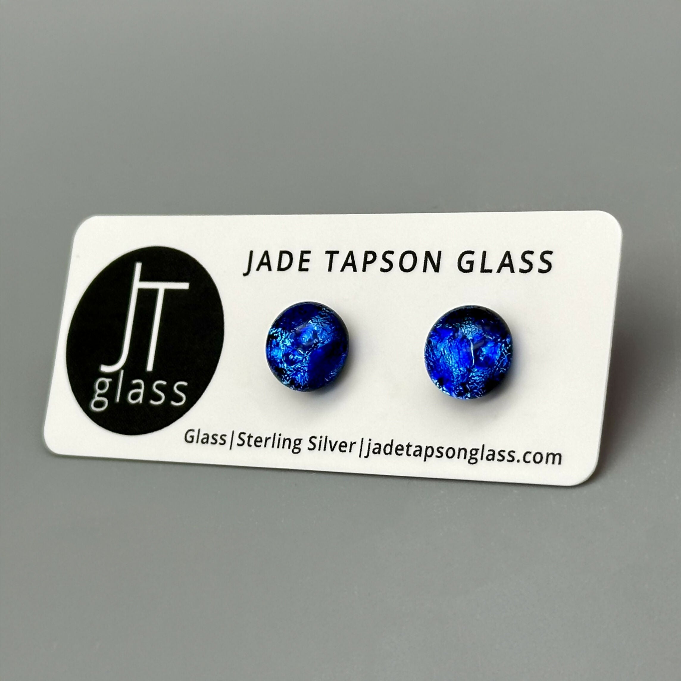 Blue Raindrop Dichroic Fused Glass Sterling Silver Stud Earrings - Handmade by Jade Tapson Glass.