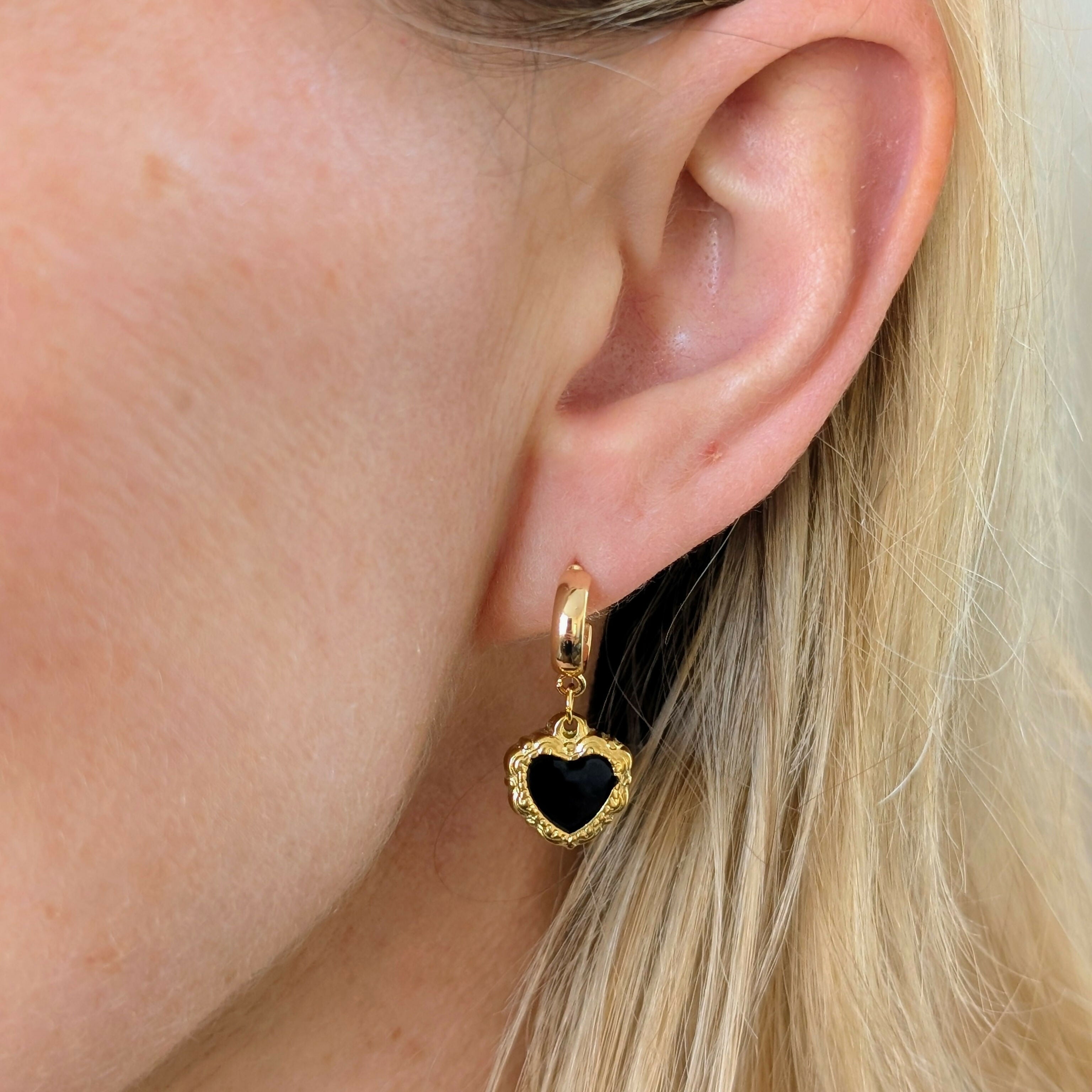 Black Enamel Gold Ornate Heart Earrings on a Gold Plated Half Loop Huggie Stud