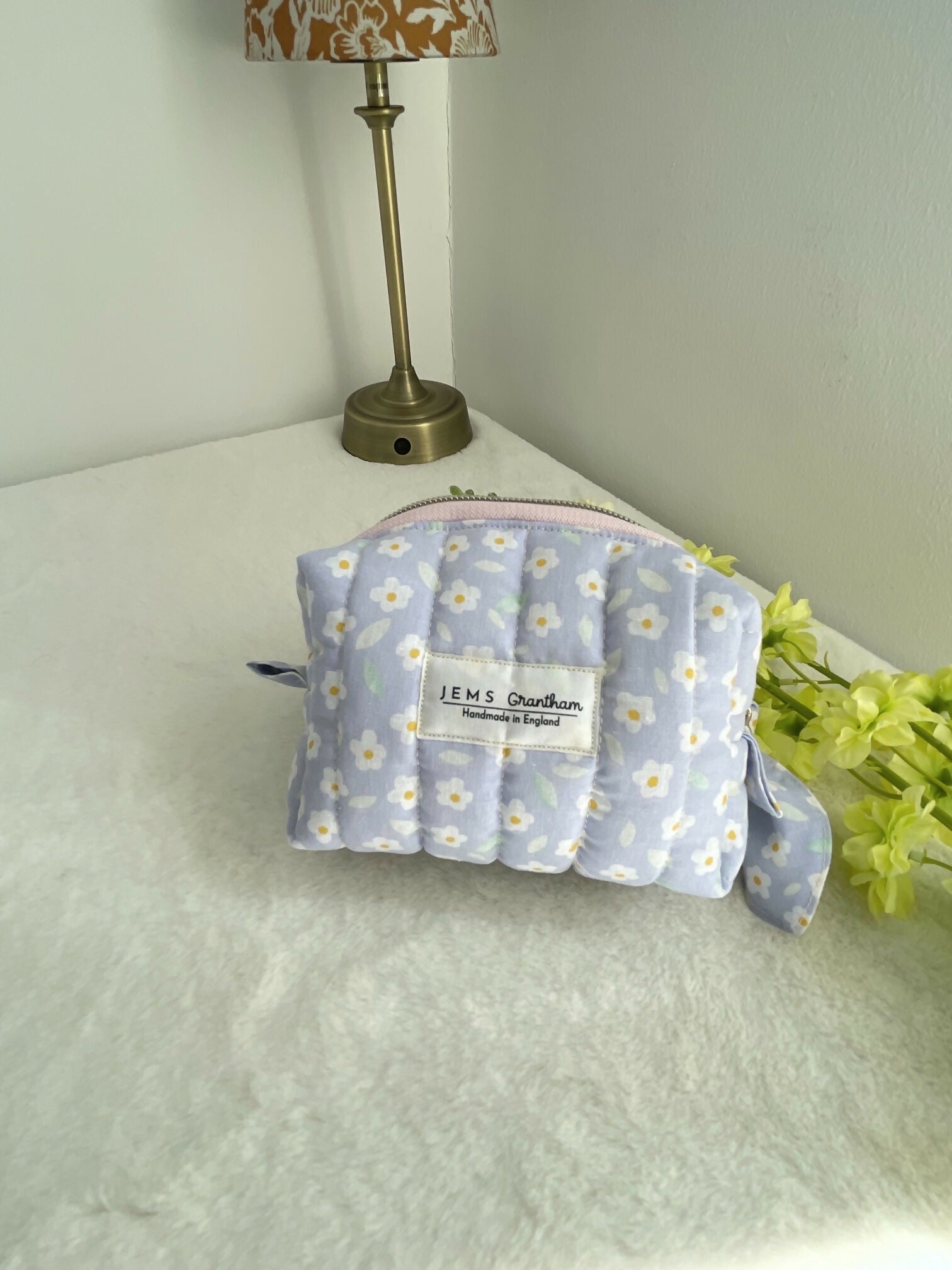 Lilac white flower print Quilted Toiletry Bag