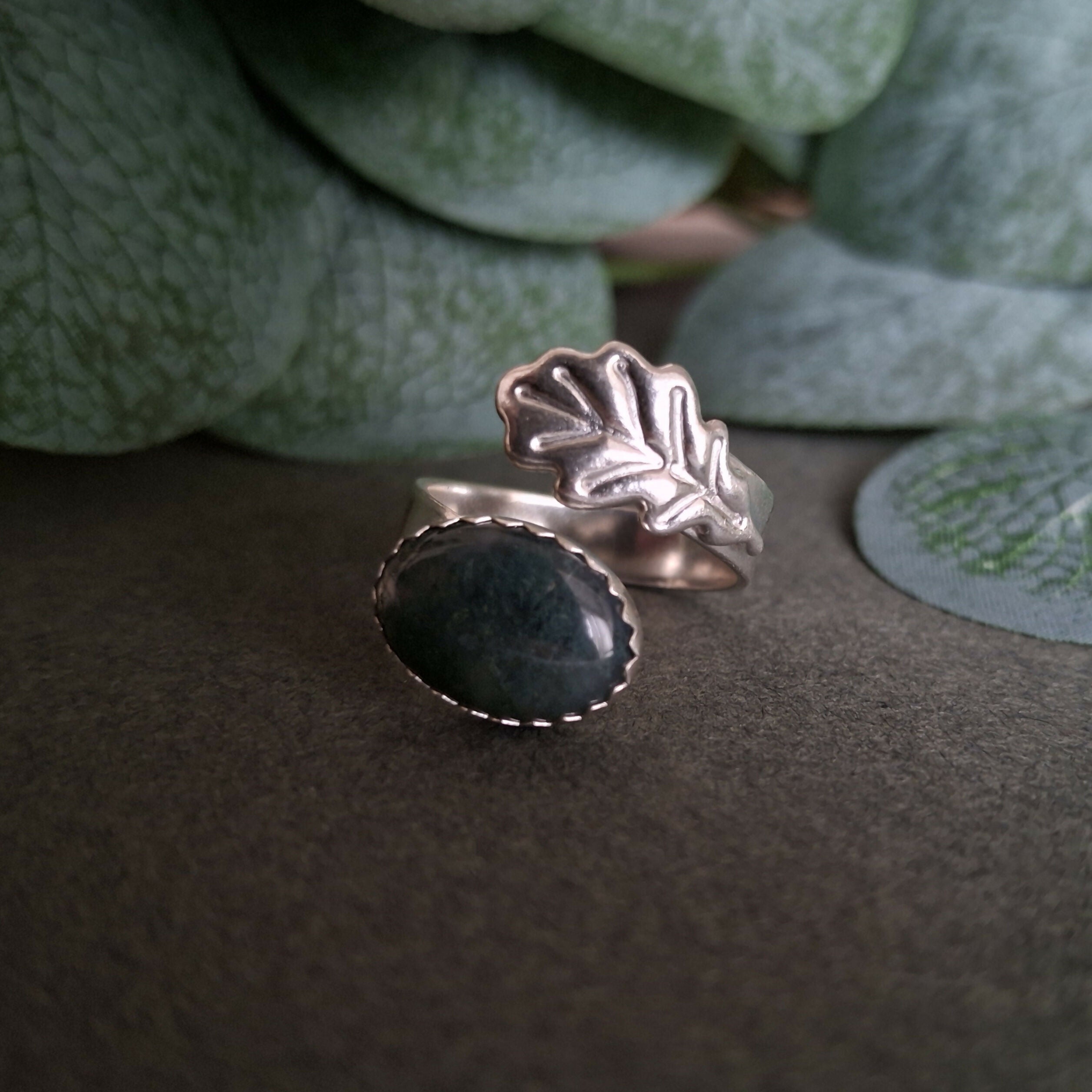 Handmade Adjustable Silver Oak Ring Moss Agate Size R½