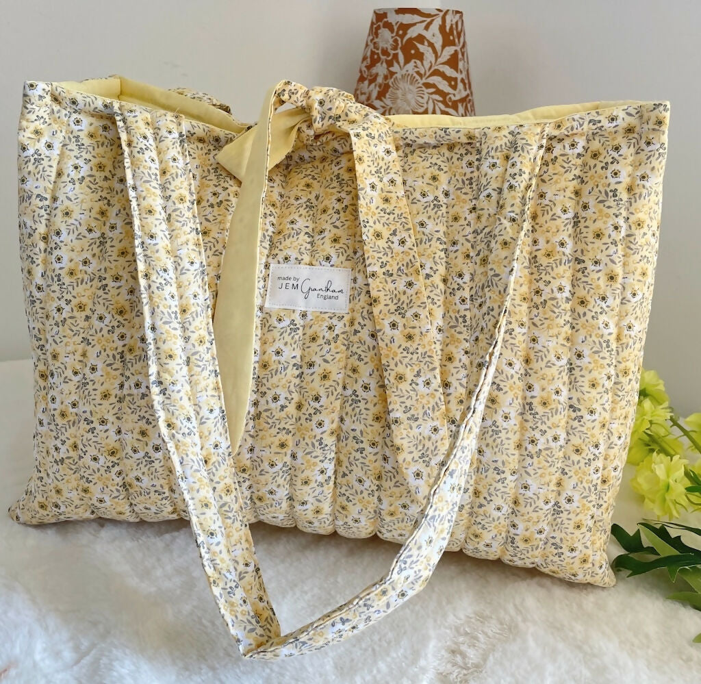 Quilted Tote Bag Yellow Ditsy with ribbon Closure Handmade