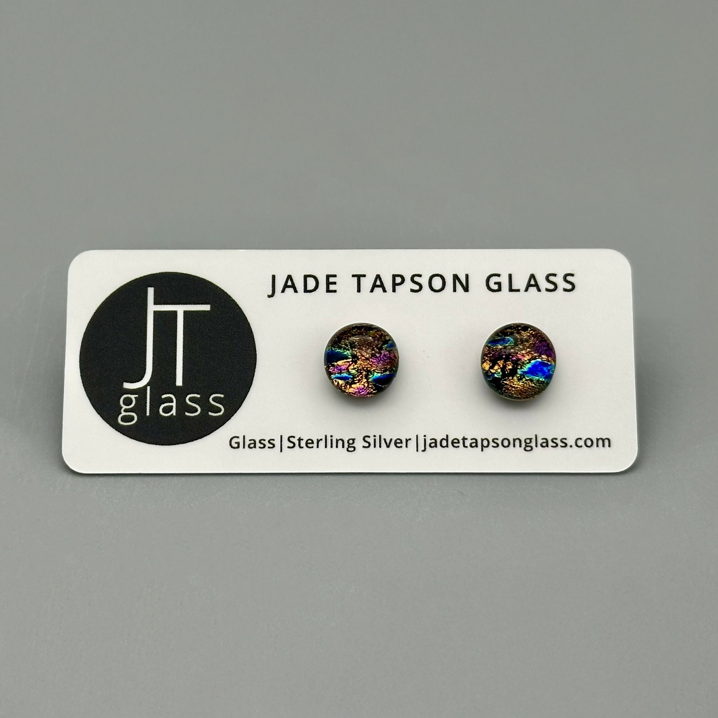 Pink & Orange Raindrop Dichroic Fused Glass Sterling Silver Stud Earrings - Handmade by Jade Tapson Glass.