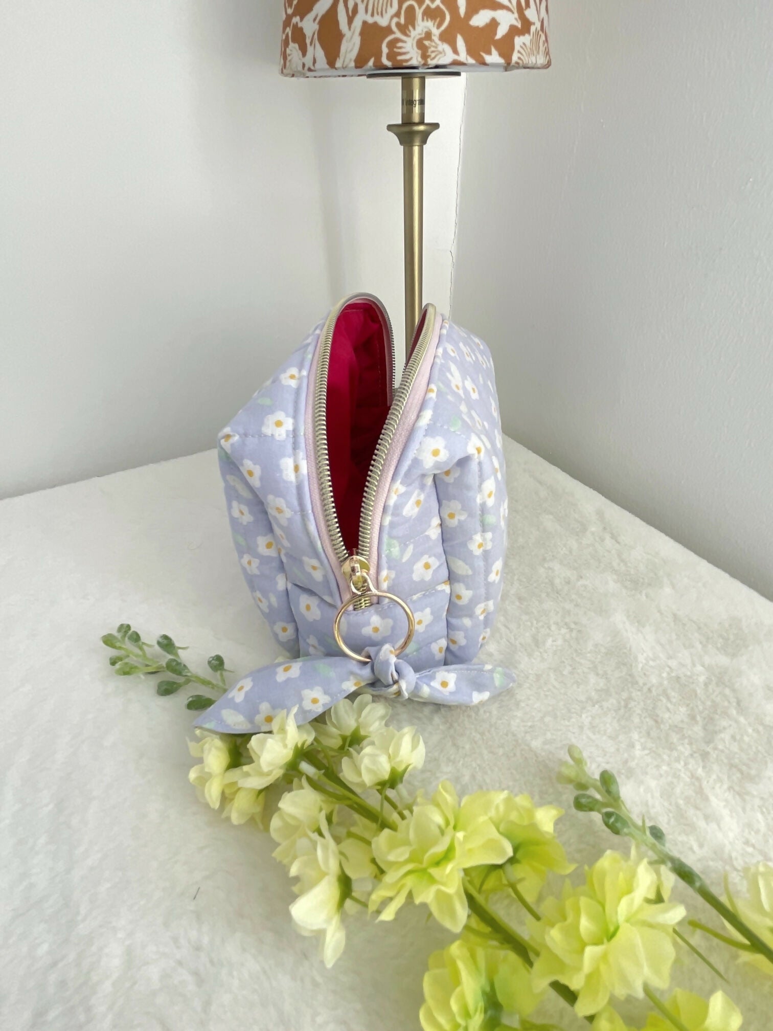 Lilac white flower print Quilted Toiletry Bag