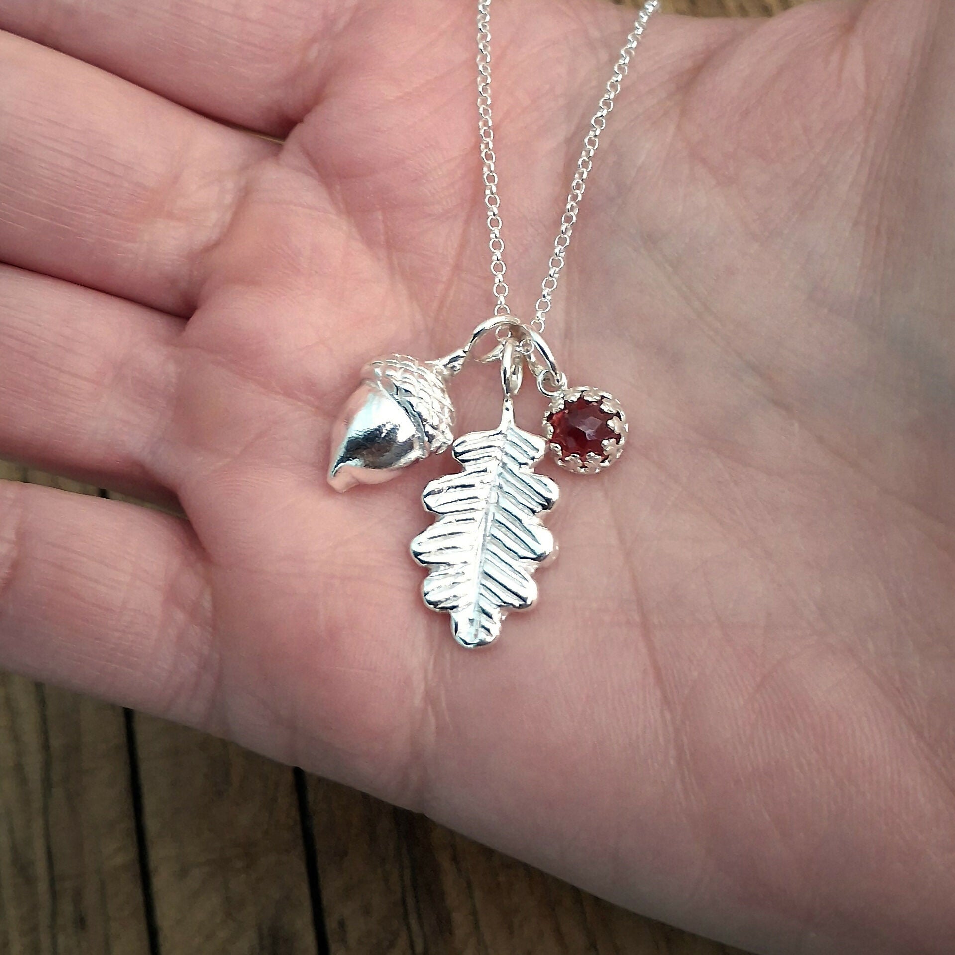 Handmade Large Oak Leaf & Acorn Necklace With Garnet