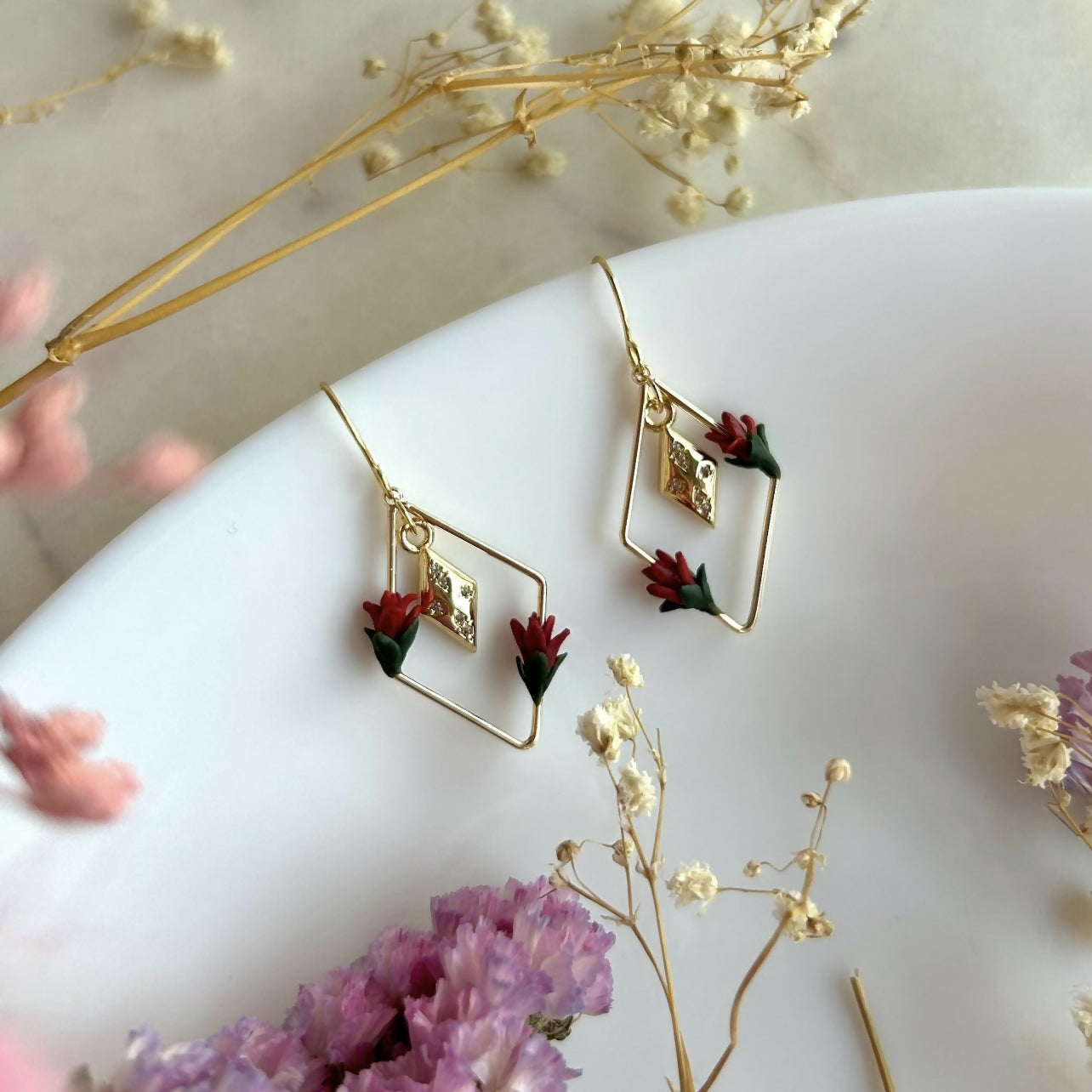 Red Flower Gold Plated Earrings