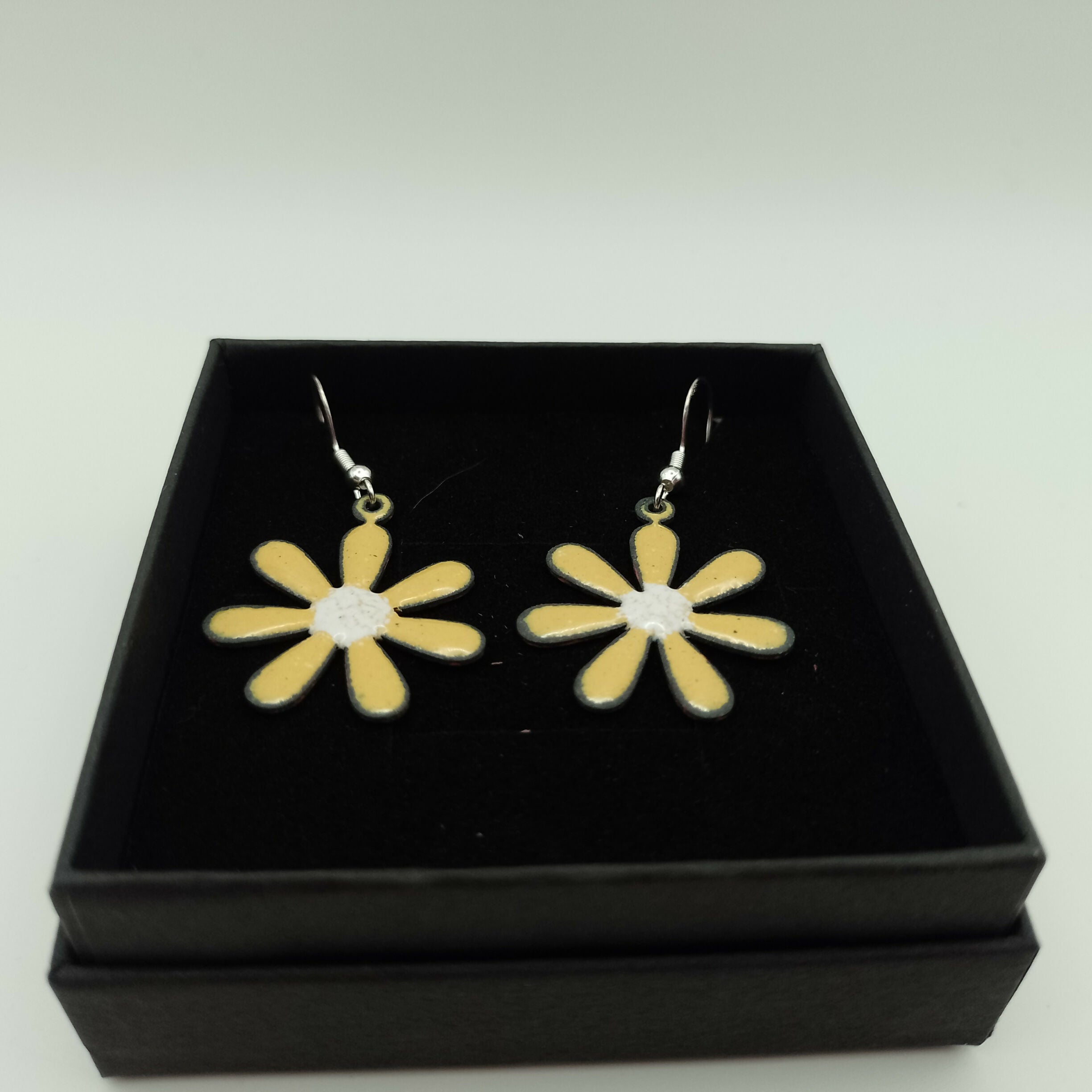 Yellow and White Enamel Flower Earrings