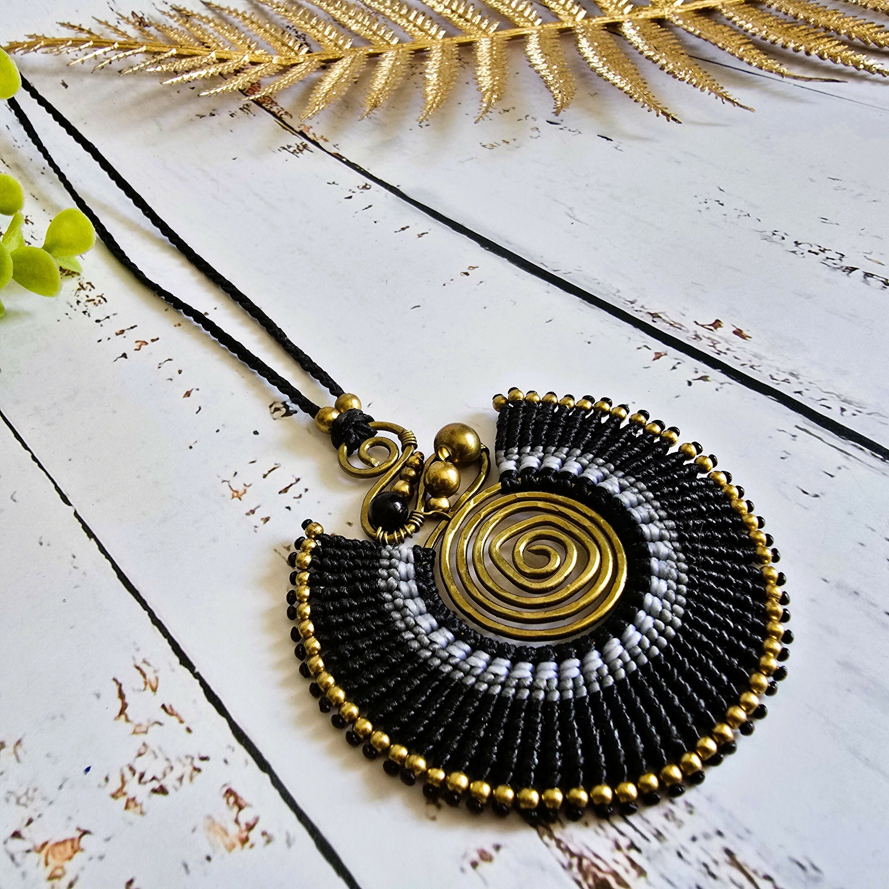 Black Agate Macramé Necklace; Full Moon Boho Statement Pendant with Gold Spiral