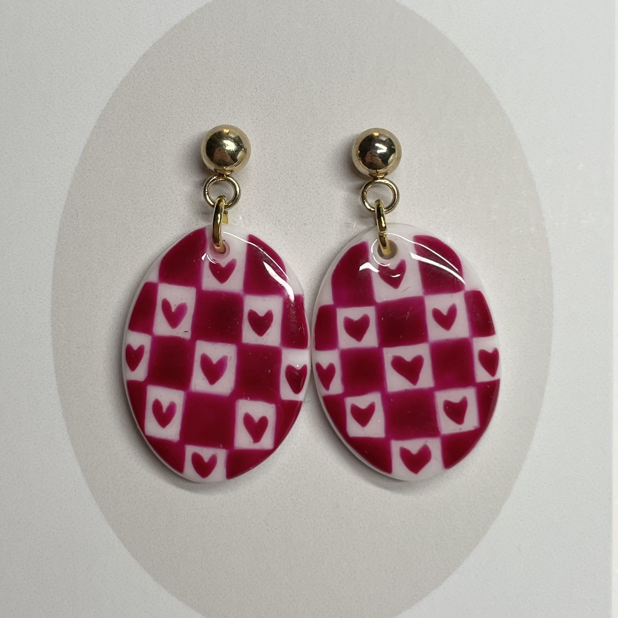 Red Check Heart Polymer Clay Earrings