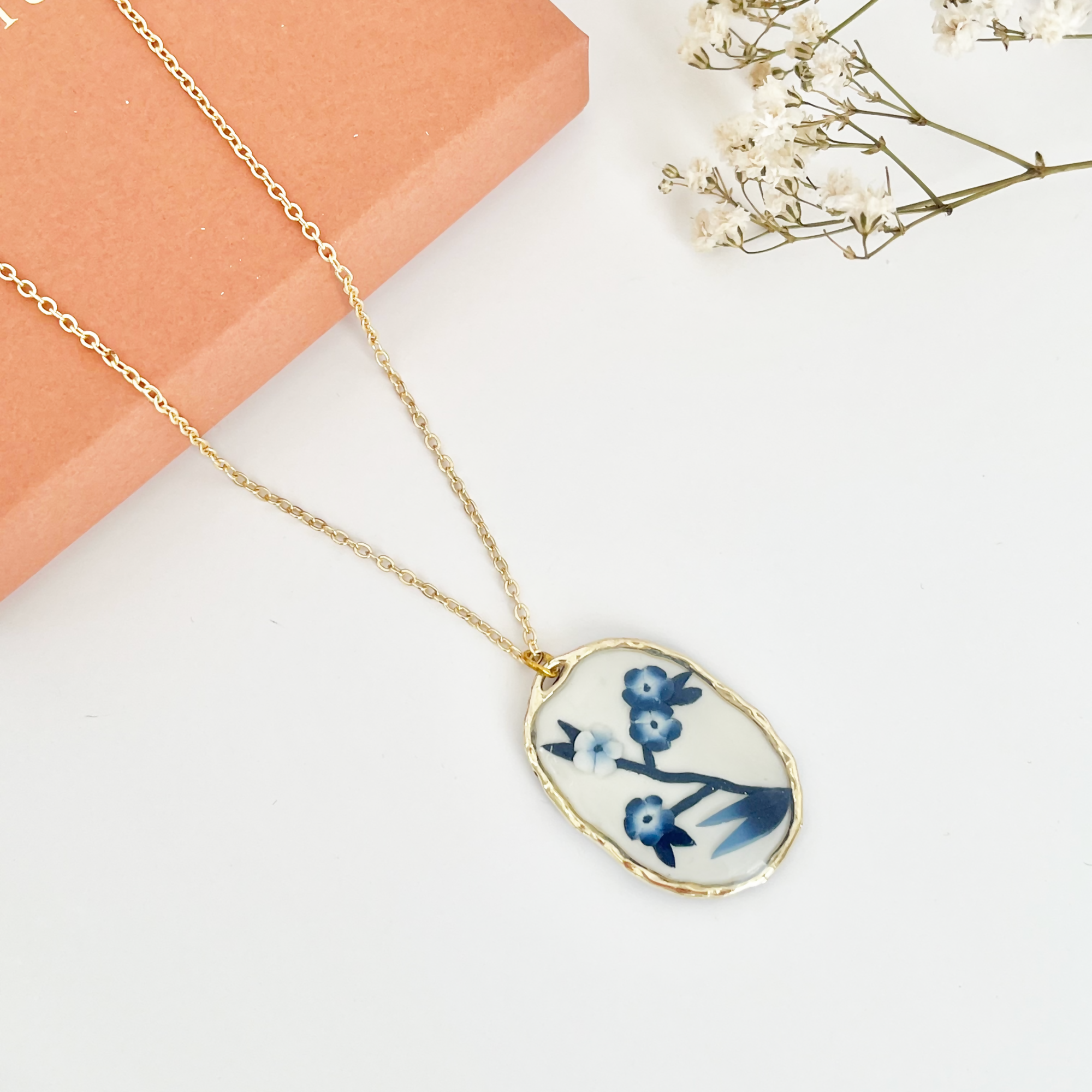 Blue China Necklace No. 3 - Handmade Polymer Clay Necklace
