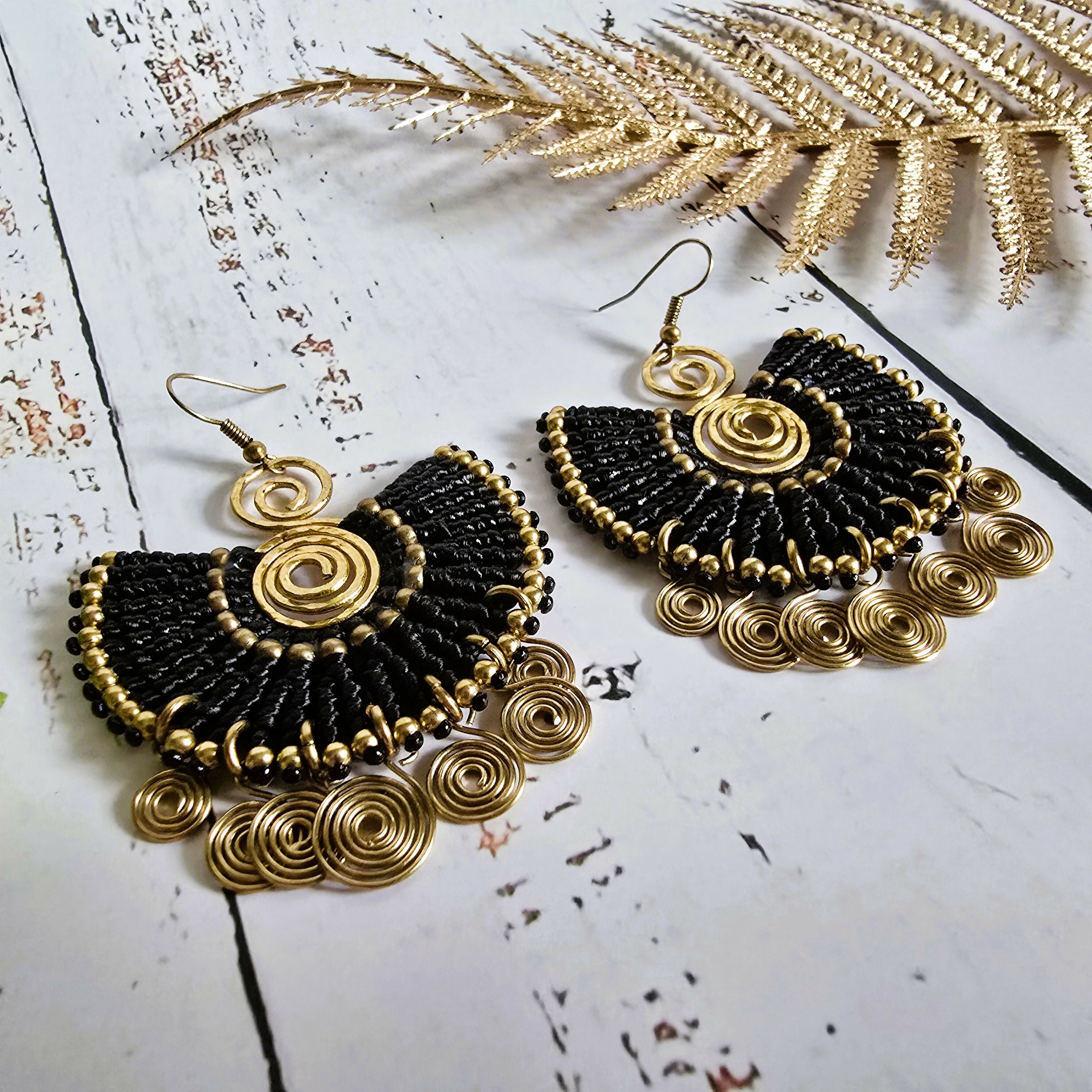 Egyptian Queen Earrings; Large Statement Black Macrame Gold Spirals Earrings