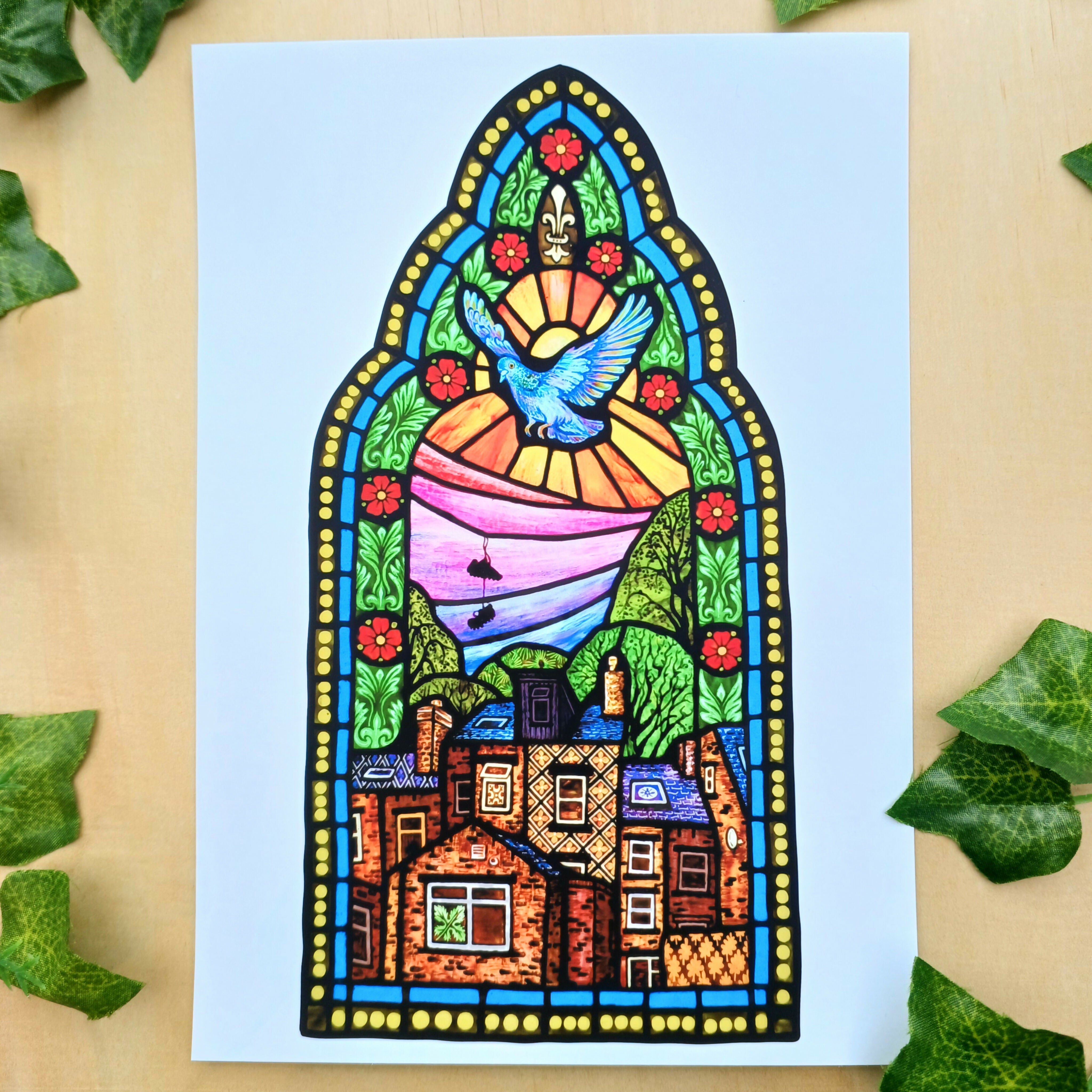 Stained Glass Pigeon Print