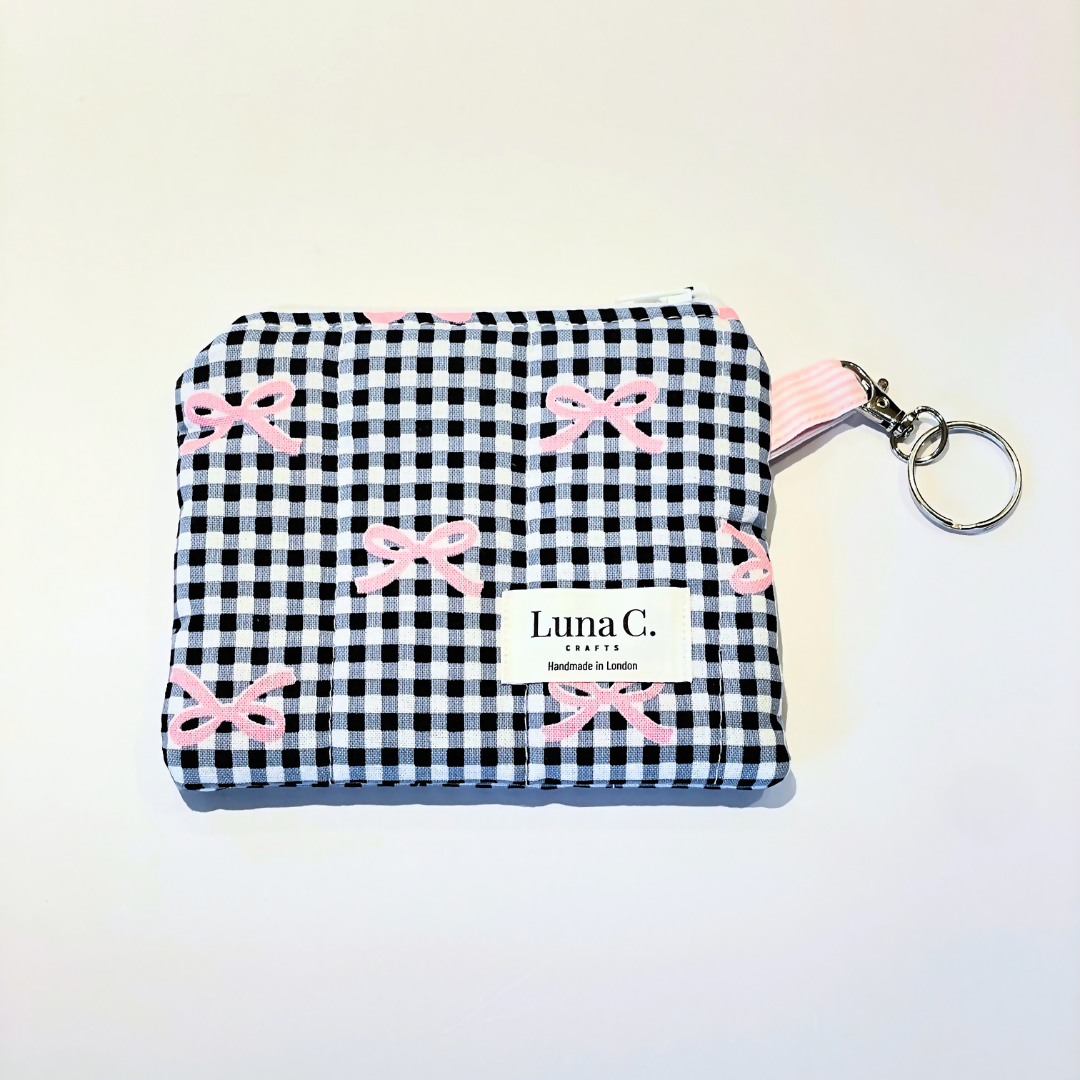 Black and White Gingham Pink Bows Zipped Keychain Wallet