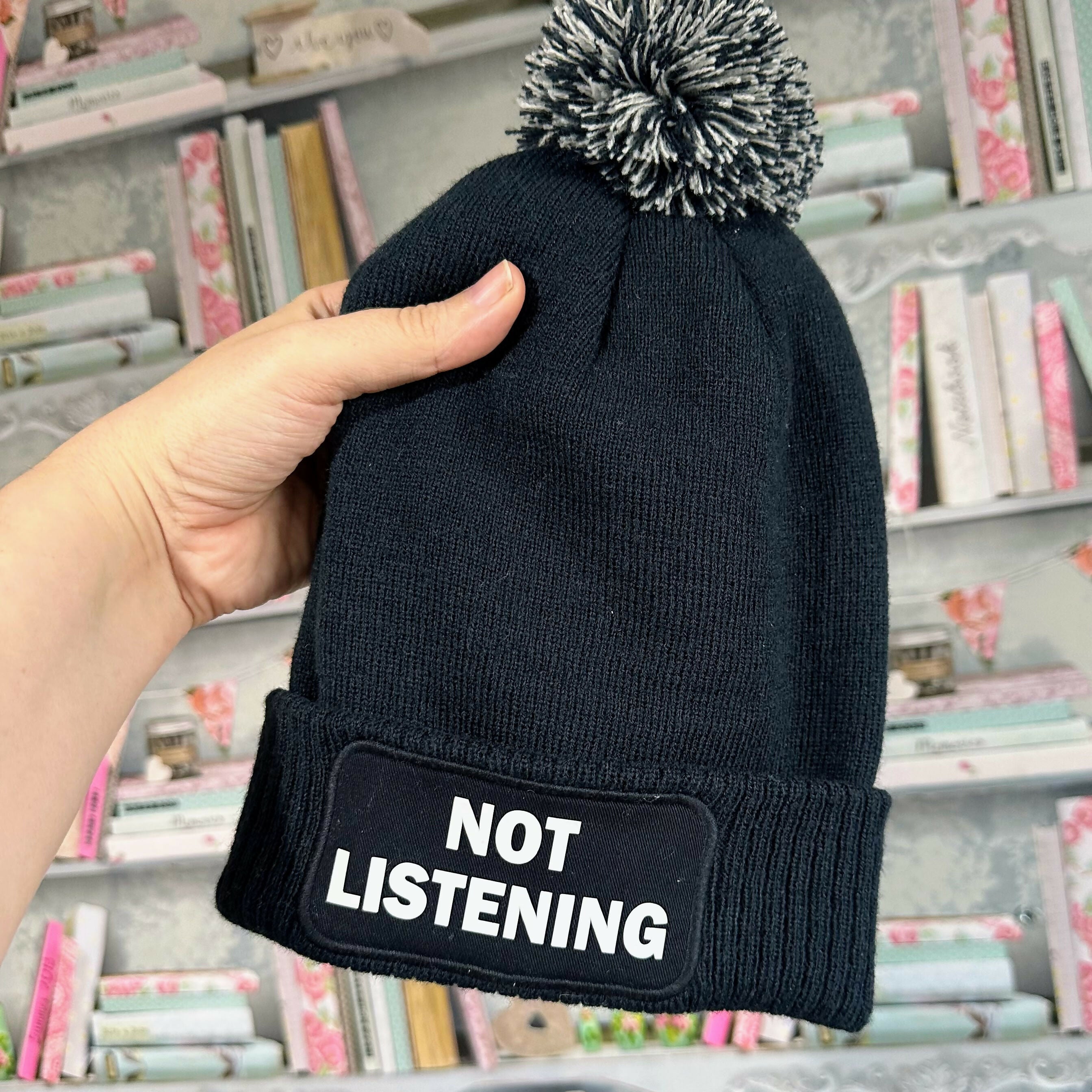 Not Listening Cuffed Rectangular Patch Bobble Hat