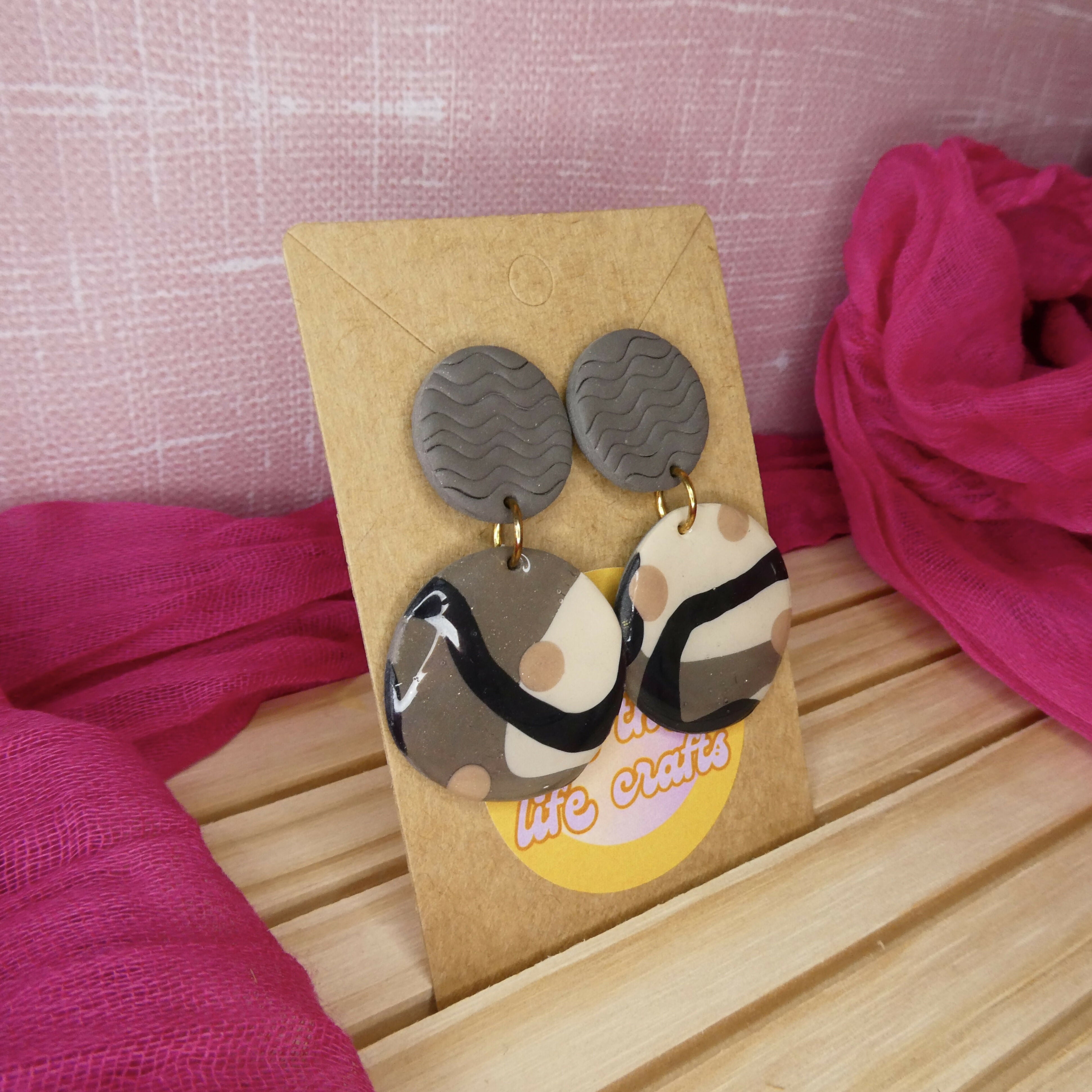 Brown Abstract Circle Polymer Clay Earrings