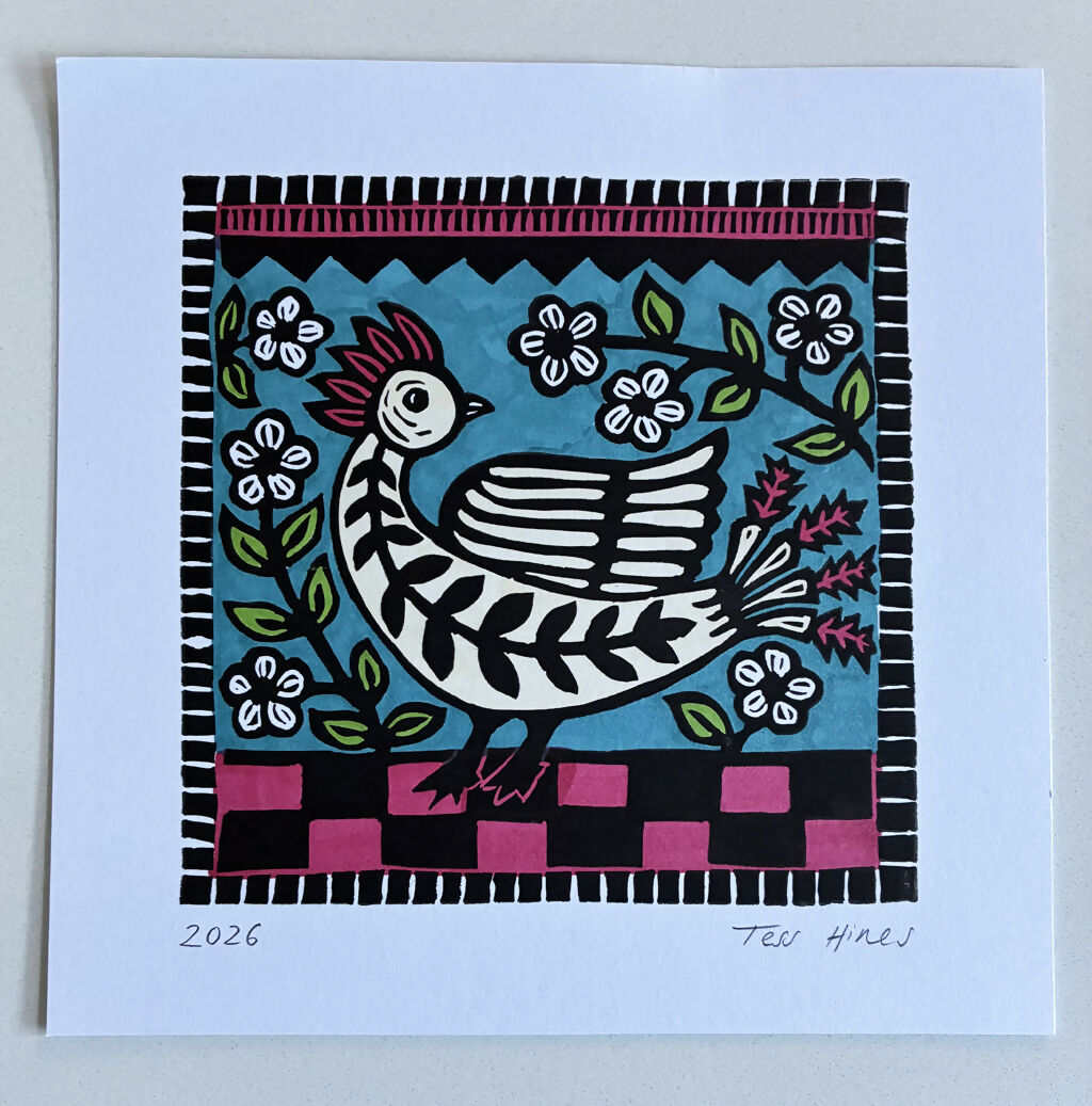 Original Linocut of a Beautiful Bird